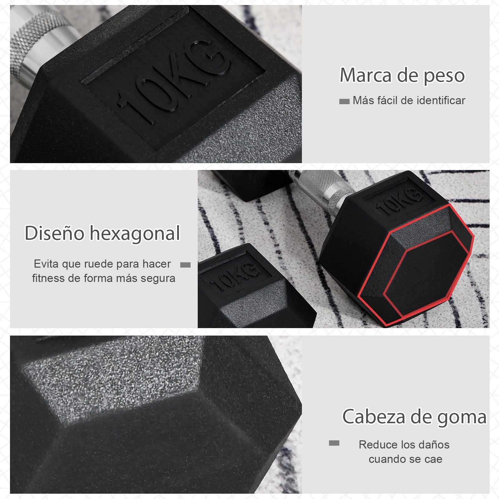 HOMCOM Mancuernas Hexagonales, 1x5 kg, 2x4/5/8/10/12,5/15/17,5 kg, de Hierro Fundido, Recubiertas de Goma, Pesas con Barras de Conexión para Entrenamiento en Casa, Gimnasio y Oficina, Negro y Plata