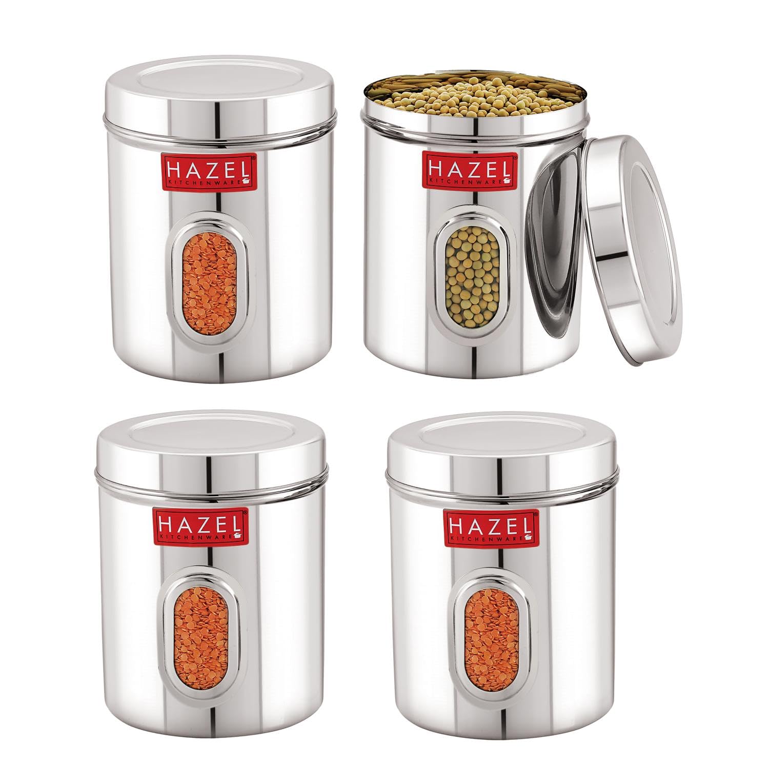 HAZEL Steel Kitchen Storage Containers|Tranparent Air Tight Containers for Storage, 900 ML, Set of 4, Silver