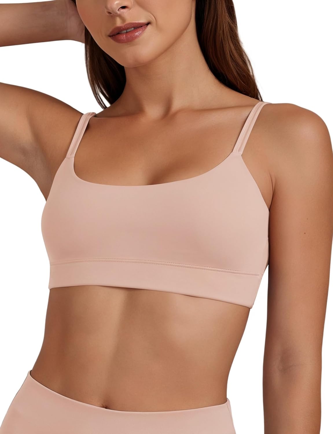 Buauty U Neck Sports Bra for Women, Adjustable Thin Straps Padded Push up Women's Sport Bras, Light Support Bra, Low Impact Spaghetti Strap Sport Racerback Bras Light Pink S - Image 3