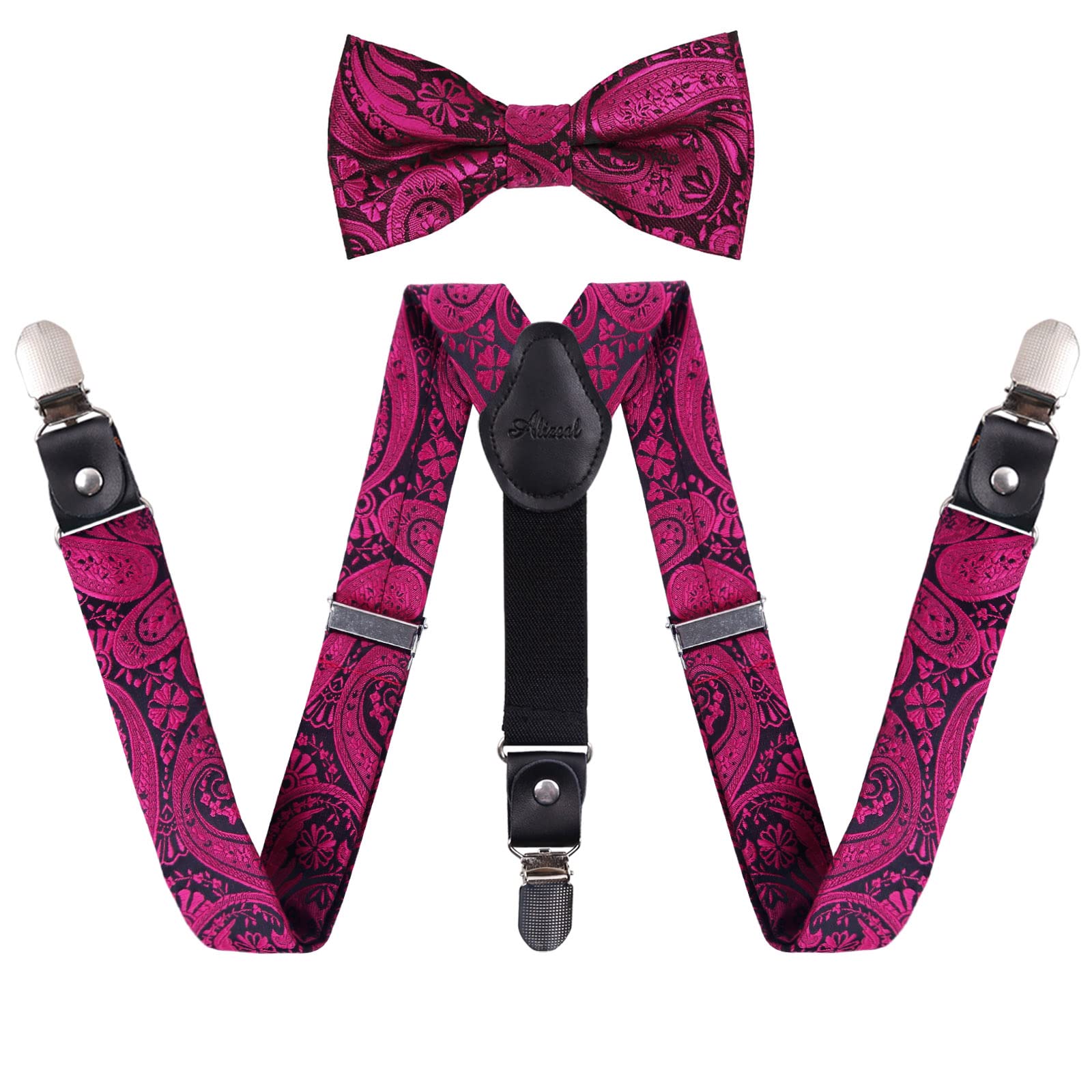 Alizeal Jungen verstellbare Fliege mit floralem Paisley-Muster und Y-förmige Hosenträger mit 3 Clips