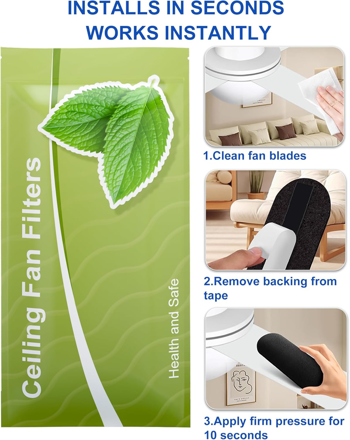 Universal Ceiling Fan Filters for Blades, Activated Carbon Fan Air Purifier Pads, Washable Reusable Dust Allergen Pet Dander Smoke Odor Eliminator, Easy Install (3 Pack)