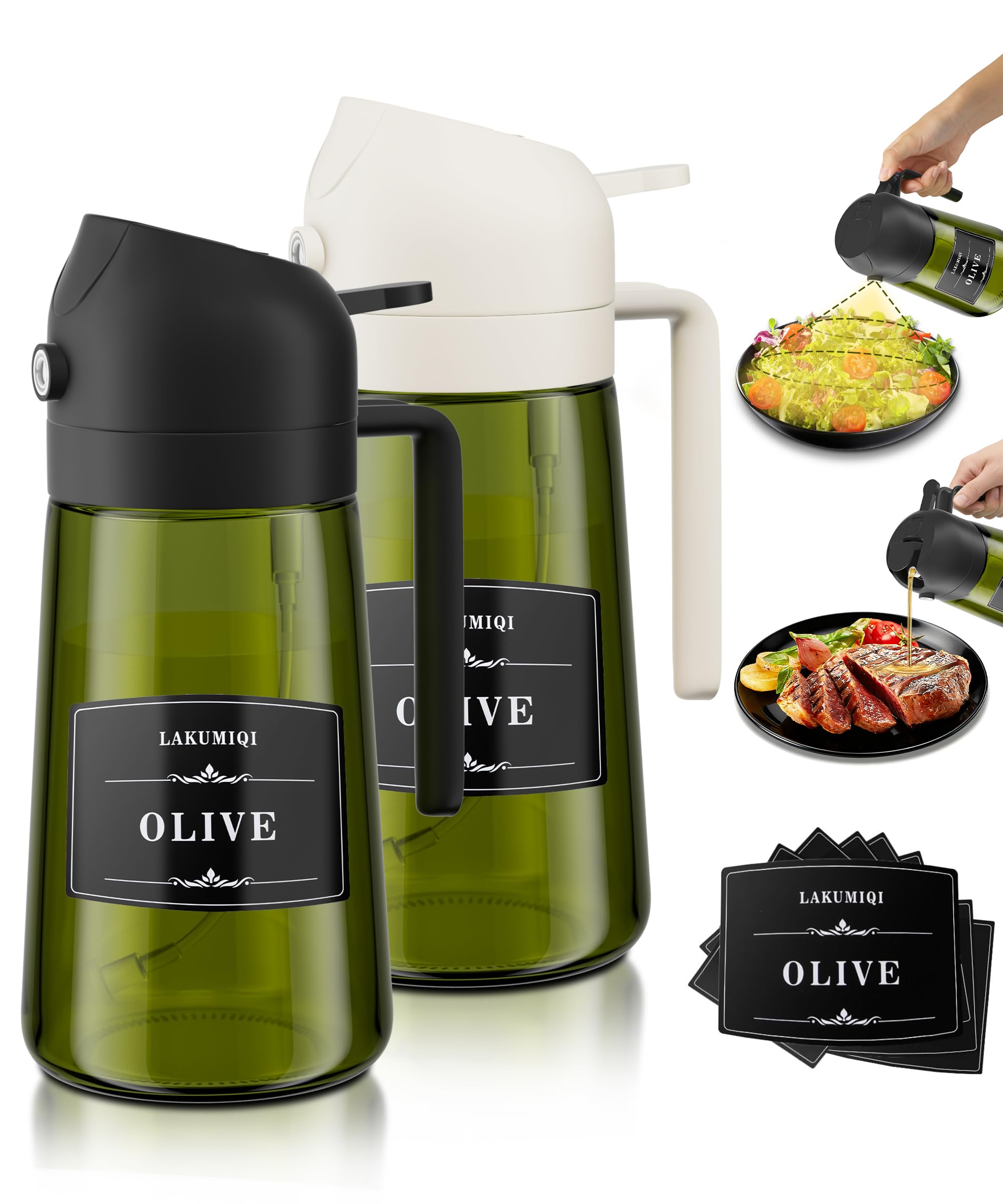 Oliver Oil Sprayer Dispenser for Cooking Bottle 16oz Green Glass BlackWhite | 2-in-1 Lightproof Borosilicate Glass Oil Bottle, Wide Mouth for Easy Refill Clean