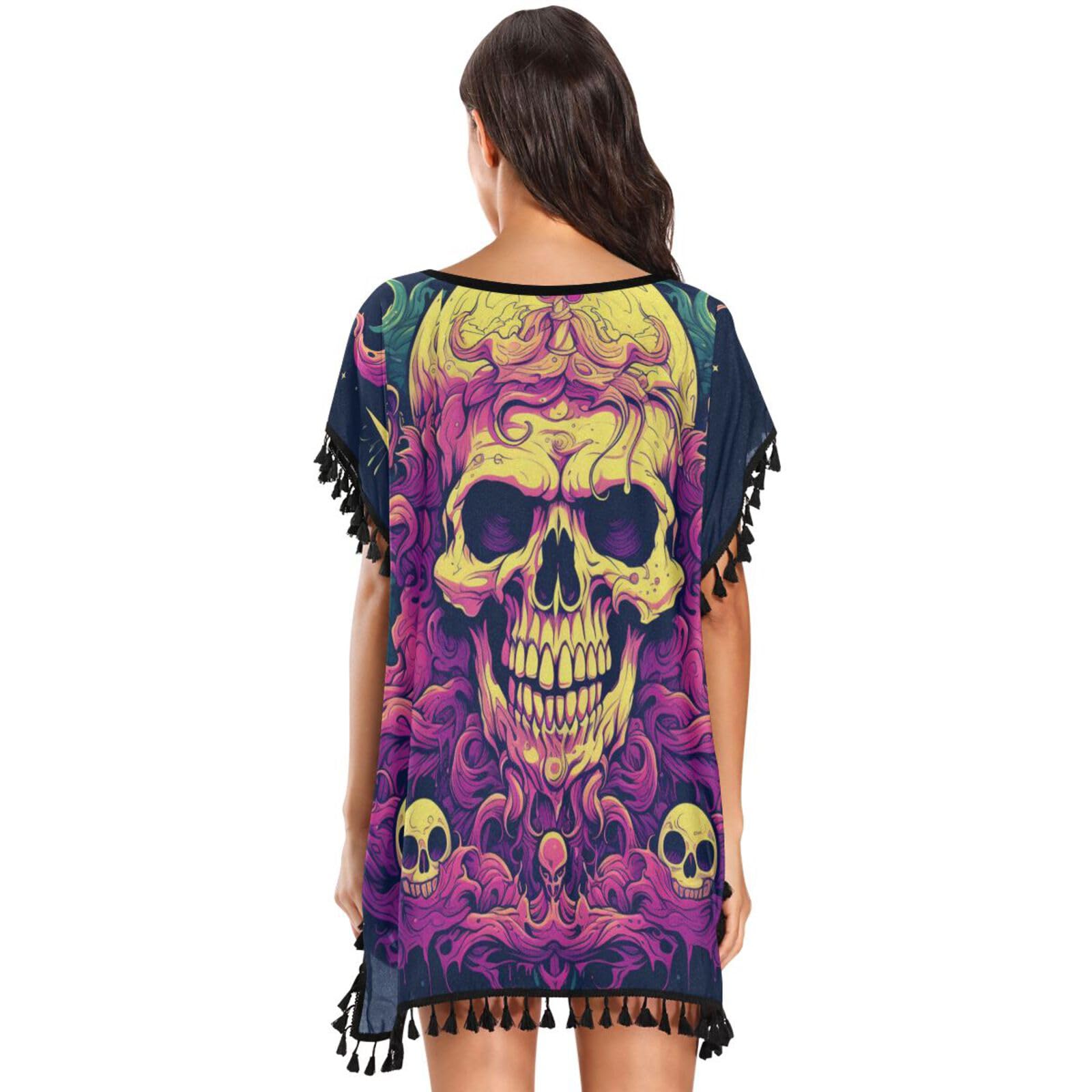 Skull Purple Flame Art Women's Beach Cover Up Chiffon Tassel Swimwear Swimsuit Coverups for Girl