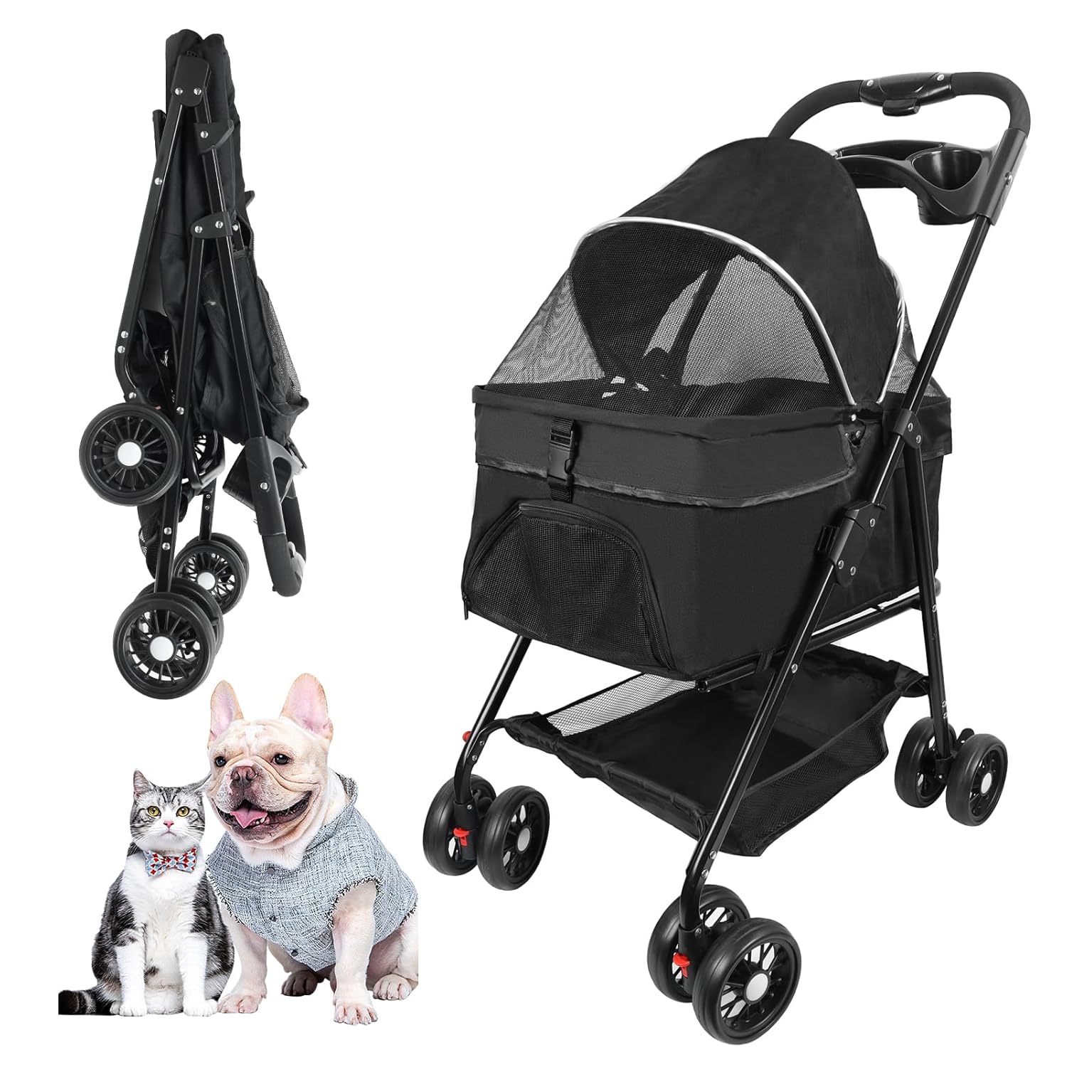 Pet Stroller for Cats/Dogs,4 Wheels Dog Cat Stroller for Up to 30lbs Small Medium Dogs Cats Foldable Puppy Stroller with Storage Basket and Cup Holder.(Black)