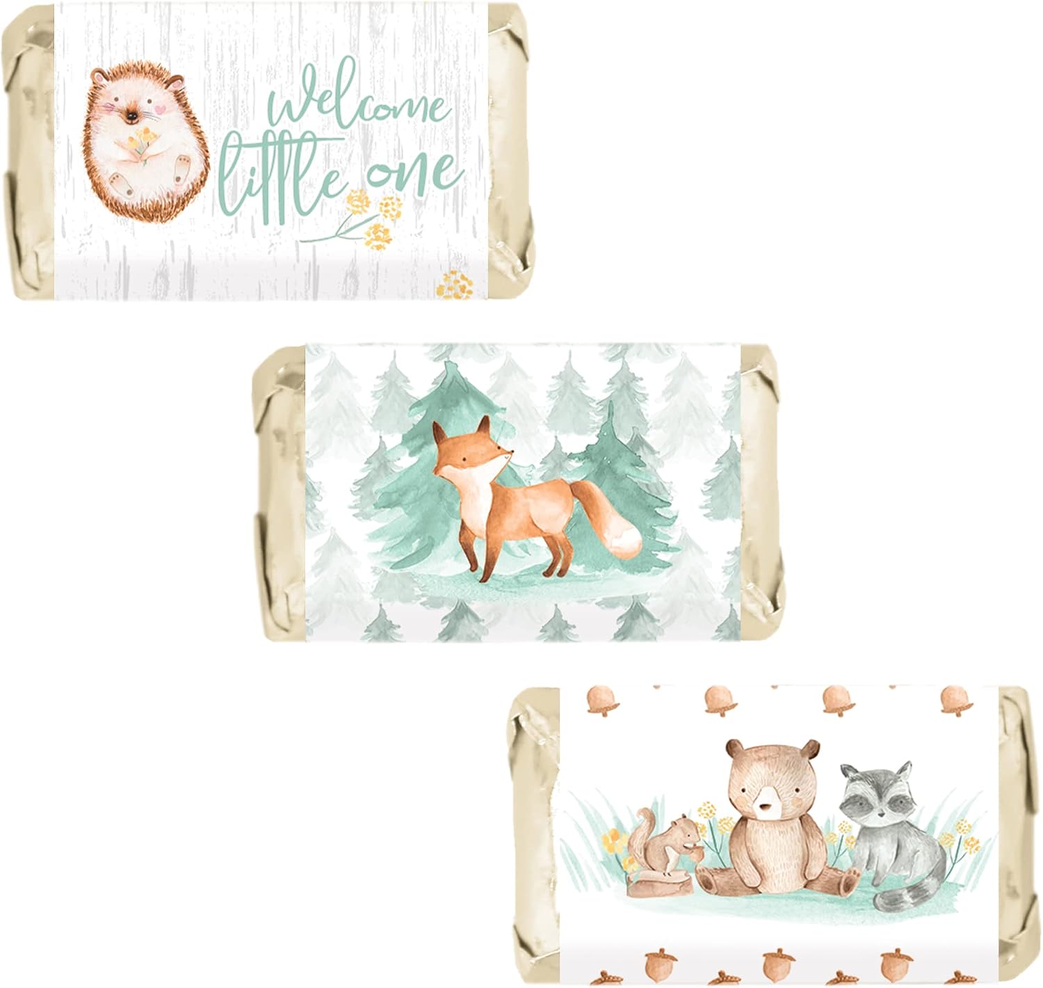 Woodland Baby Shower Mini Candy Bar Wrappers, Watercolor Creatures - 45 Stickers