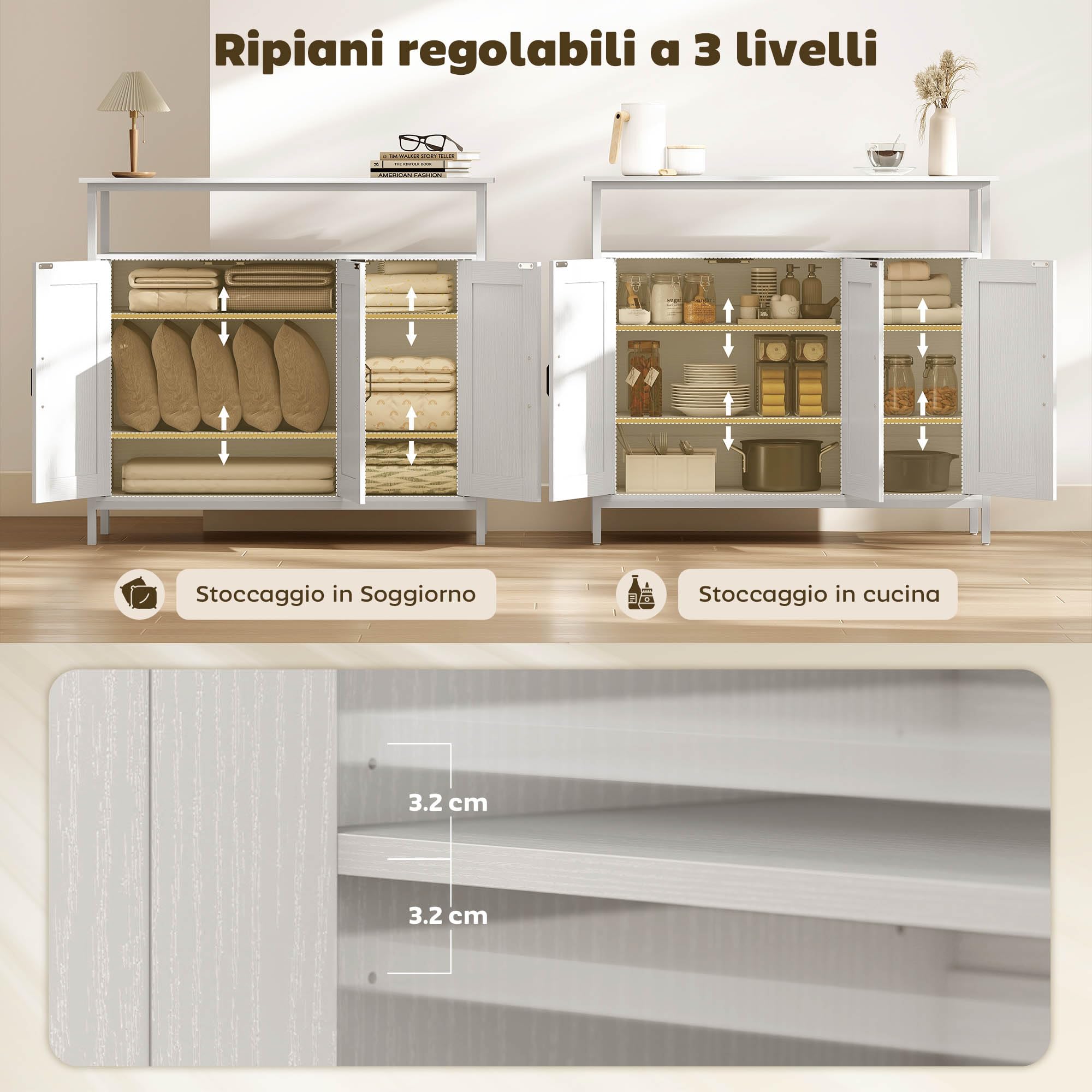 HOMCOM Credenza Cucina Ripiano Aperto 2 Armadietti 100x35x88 cm Bianco | Mobile Cucina con Ripiani Regolabili in Legno, Credenza Soggiorno Buffet, per Ingresso Salotto e Sala da Pranzo
