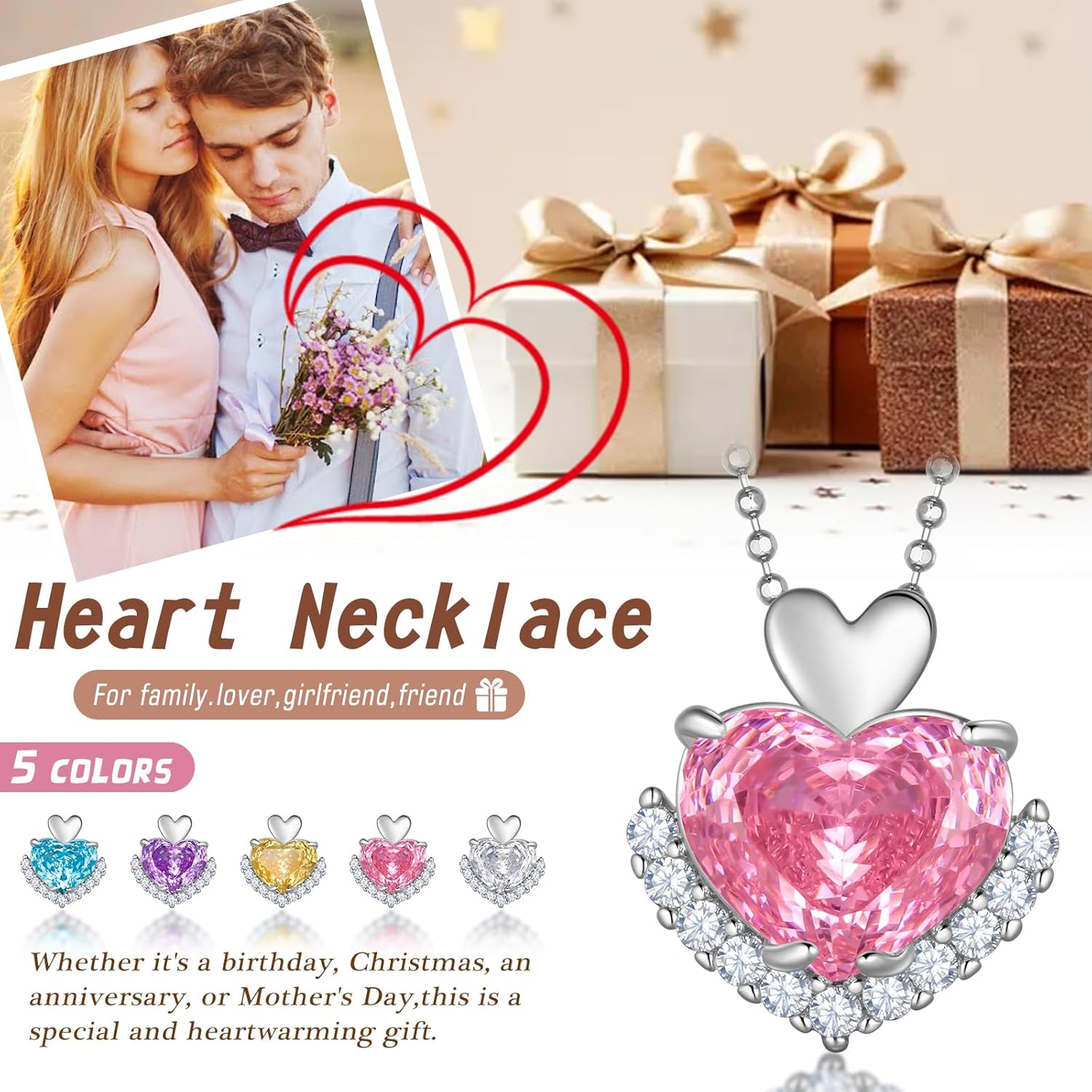 Love Heart Necklaces with Rose Cut Birthstone Silver Plated Pendant Necklace Elegant Jewelry for Women CP0002 - Image 8