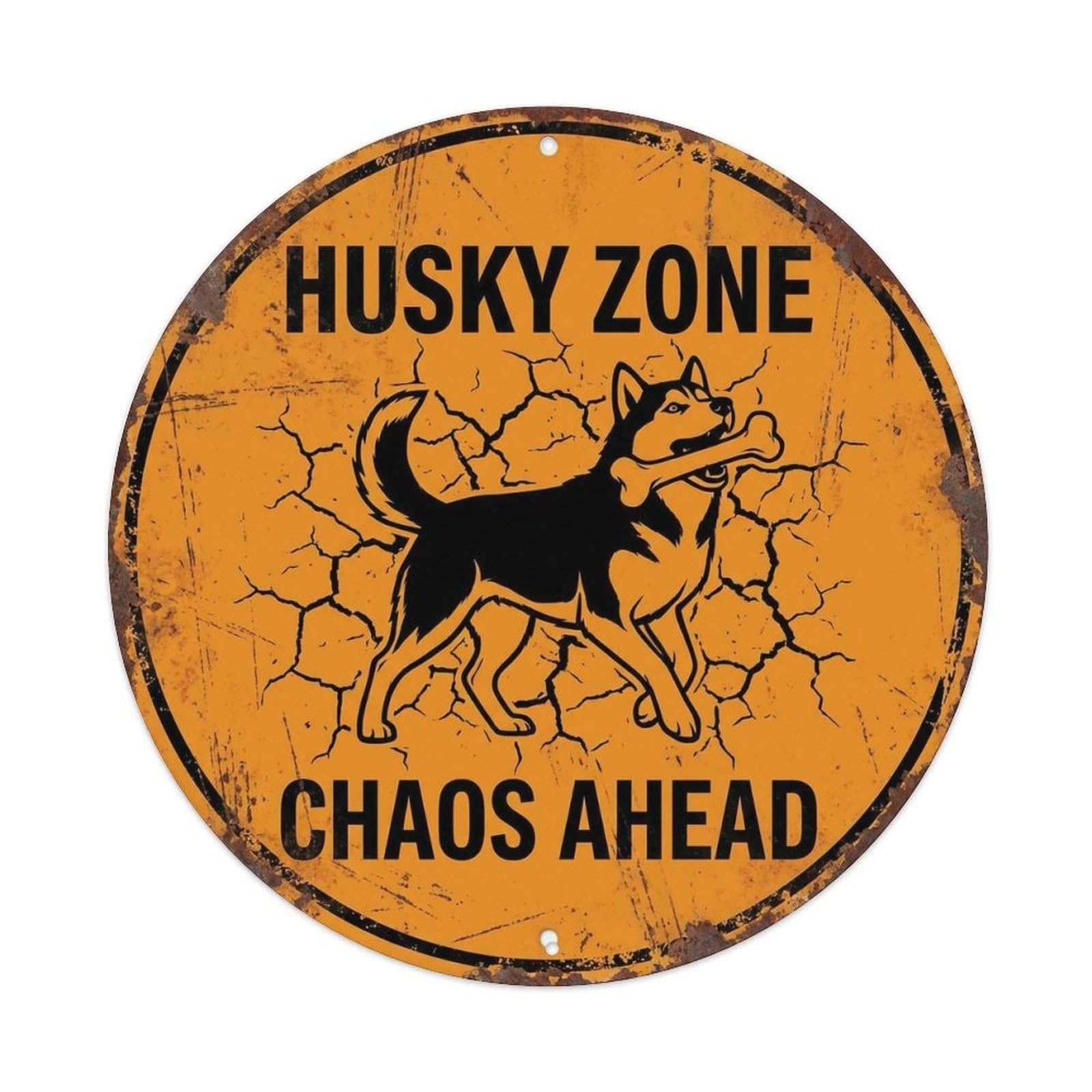 Husky Chaos Warning Round Wall Hanging Metal Tin Sign