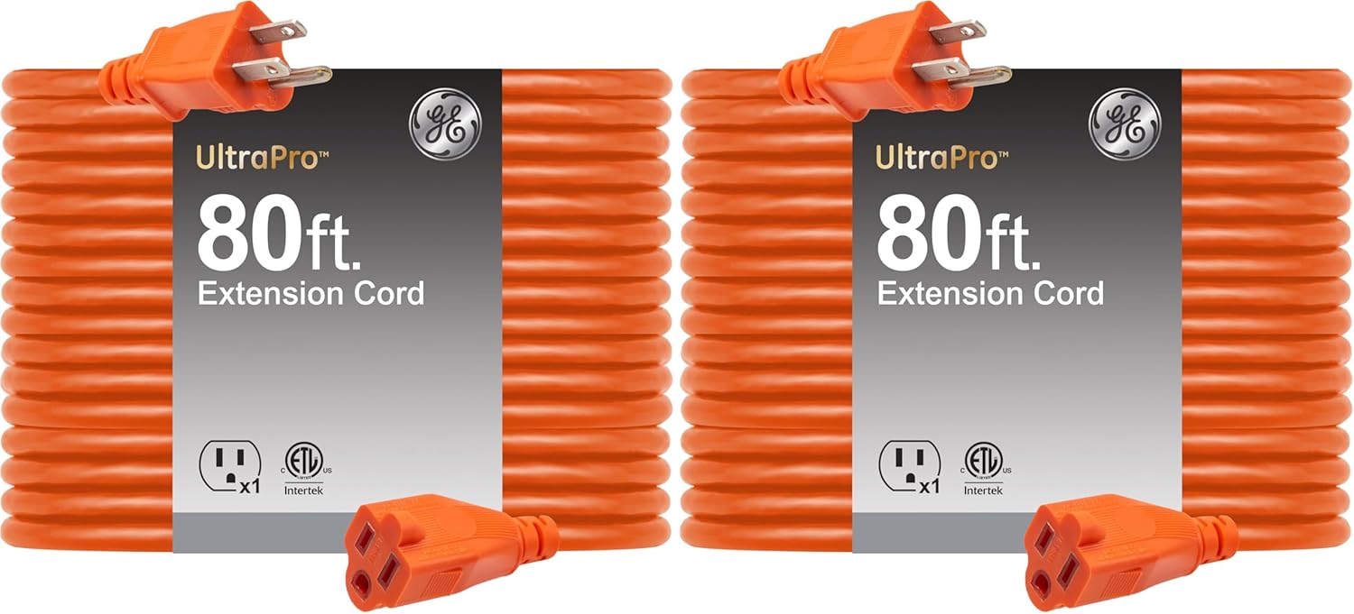 GE Outdoor Long Extension Cord, 80 Ft, Grounded Heavy Duty, 16AWG 3 Prong, ETL Listed, Orange (81703) (Pack of 2)