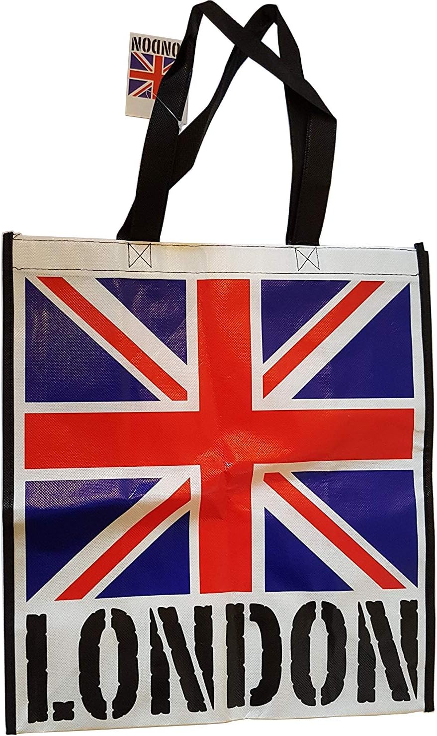 Union Jack Bag with London Word on White Background – Tote Reusable Bag / British UK Souvenir / Great for Beach / Shopping / Picnic / Red White Blue Flag / Black Sides / Nylon with Sturdy Stitches