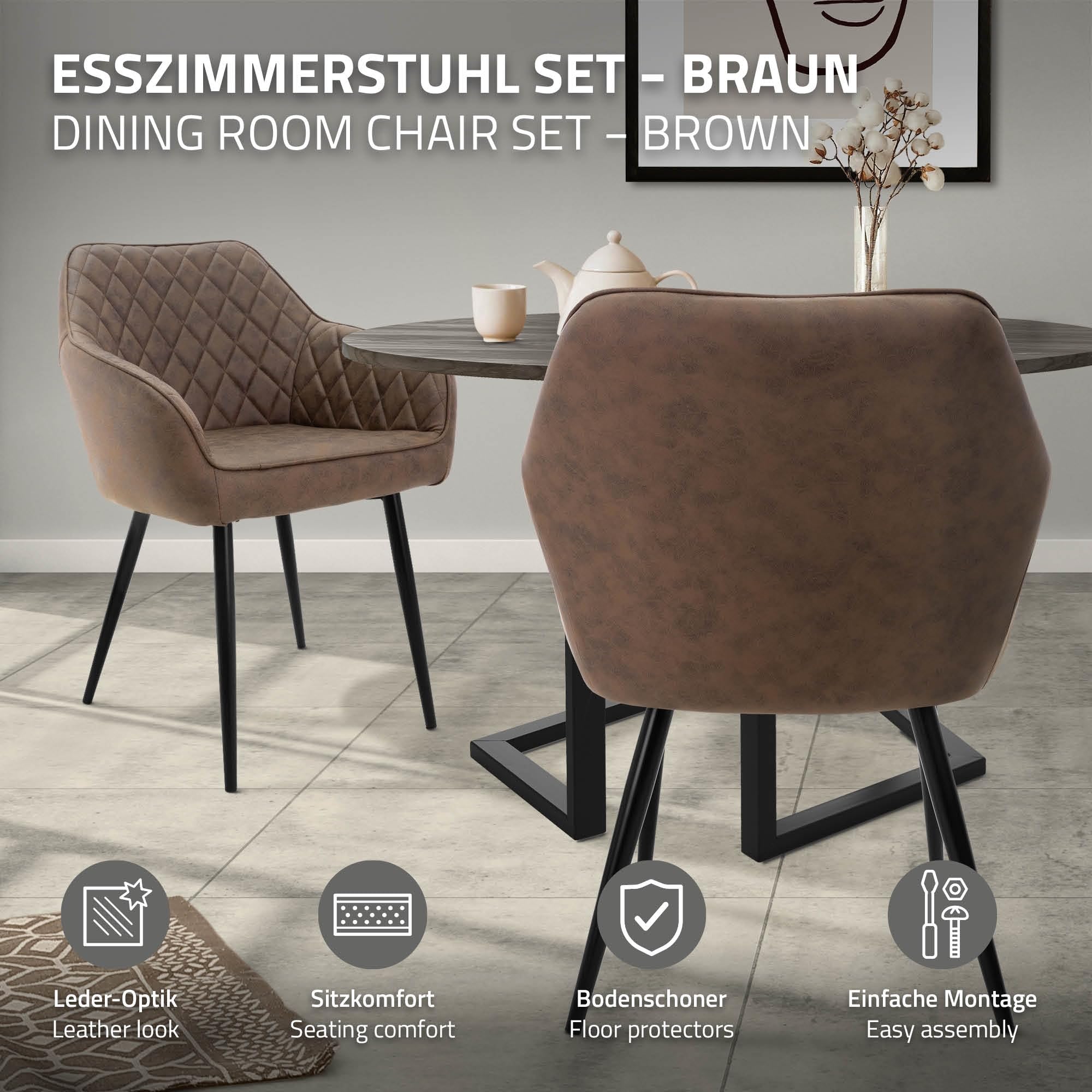 ML-Design Lot de 2 Chaises de Salle à Manger, avec Dossier et Accoudoirs, Marron, Assise en Matériau Synthétique Rembourrée, Pieds en Métal, Chaise de Cuisine Salon Bureau, Matériel de Montage Inclus