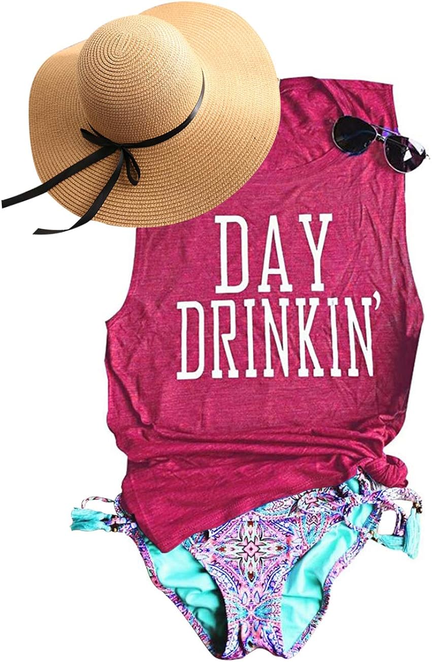 TAKEYAL Women's Day Drinking Casual Tops, Funny Letters Print Vest Graphic Tee Shirt