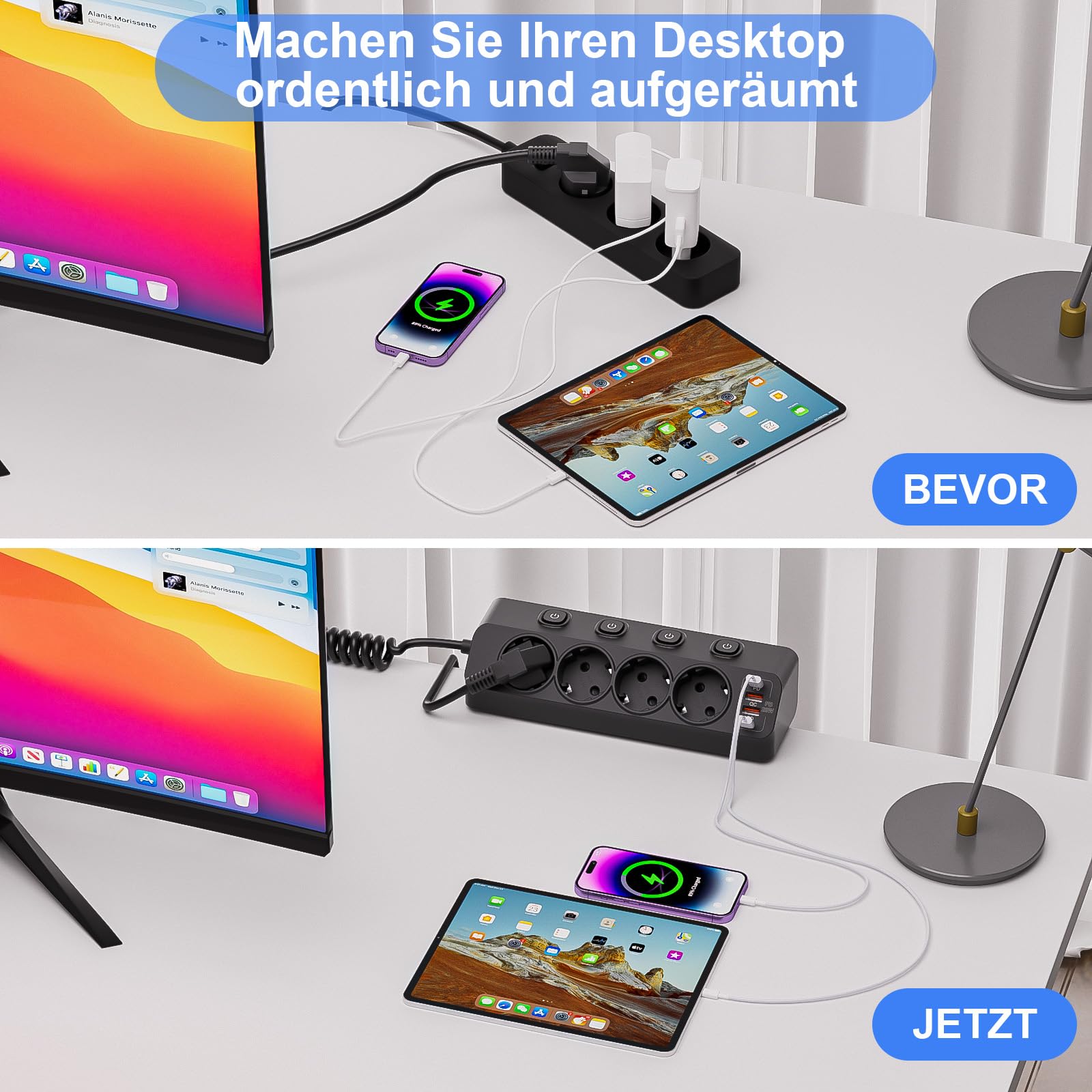 Tafelstopcontact met USB C PD 20 W en USB A, 4-voudige stekkerdoos met afzonderlijk schakelbaar, overspanningsbeveiliging, 2 m kabel, ideaal voor bureau, thuis, kantoor, keuken