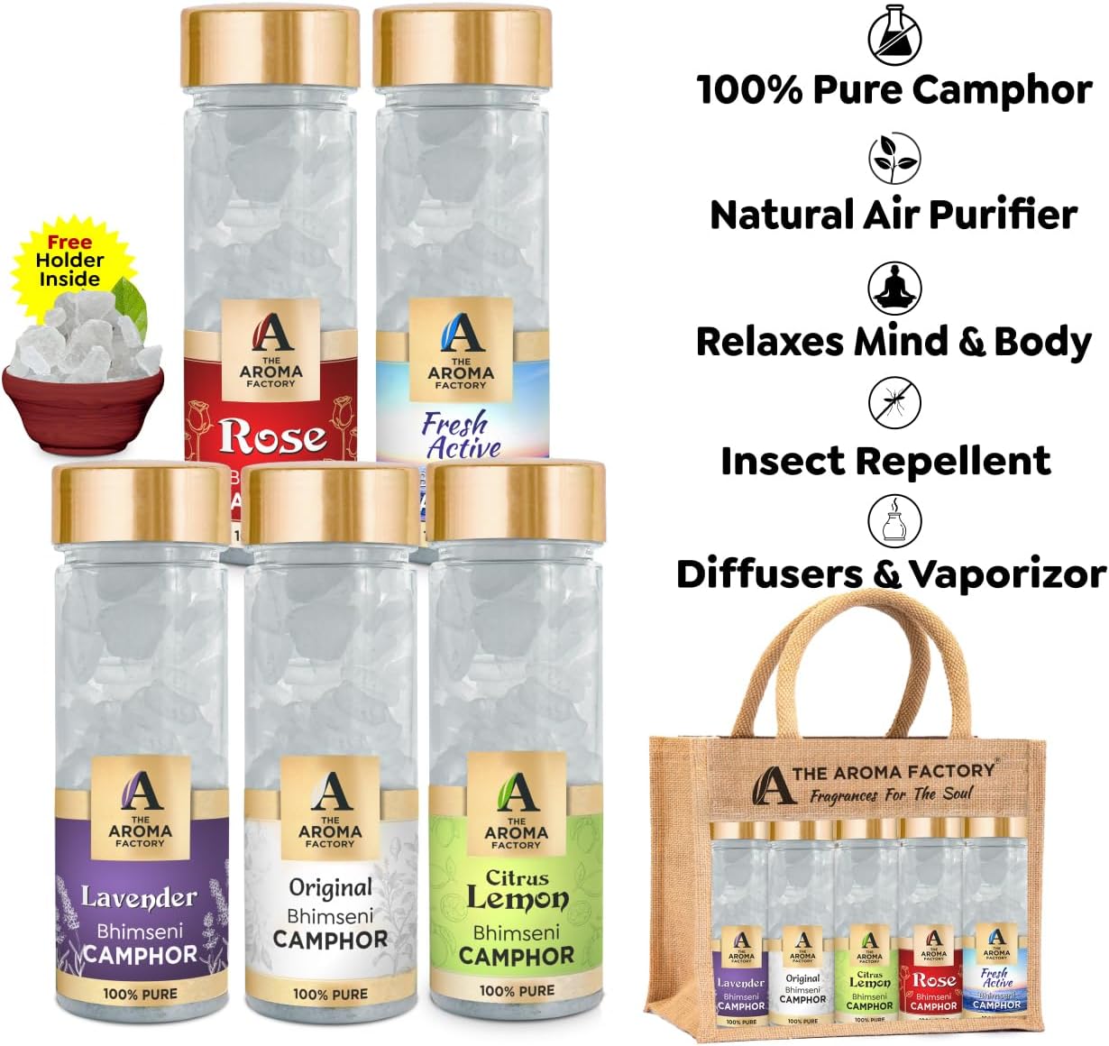 The Aroma Factory Bhimseni Camphor Lavender, Original, Citrus Lemon, Rose & Fresh Active Zero Residue Kapoor with Fragrance for Pooja, Aarti Kapur | Bottle Pack of 5 x 80gm, with Jute Bag