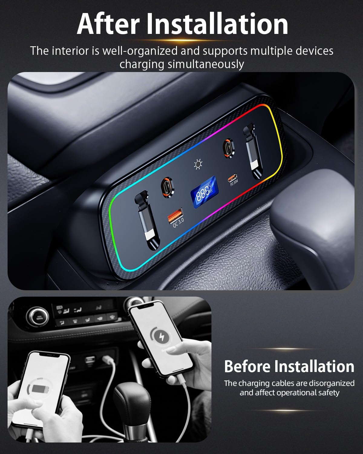 ELOHEI Car Fast Charger for Toyota Corolla 2020 2021 2022 2023 with 8-Color Ambient Light, Multi Port Retractable Docking Station for Toyota Corolla 2020-2023 Accessories (Black)