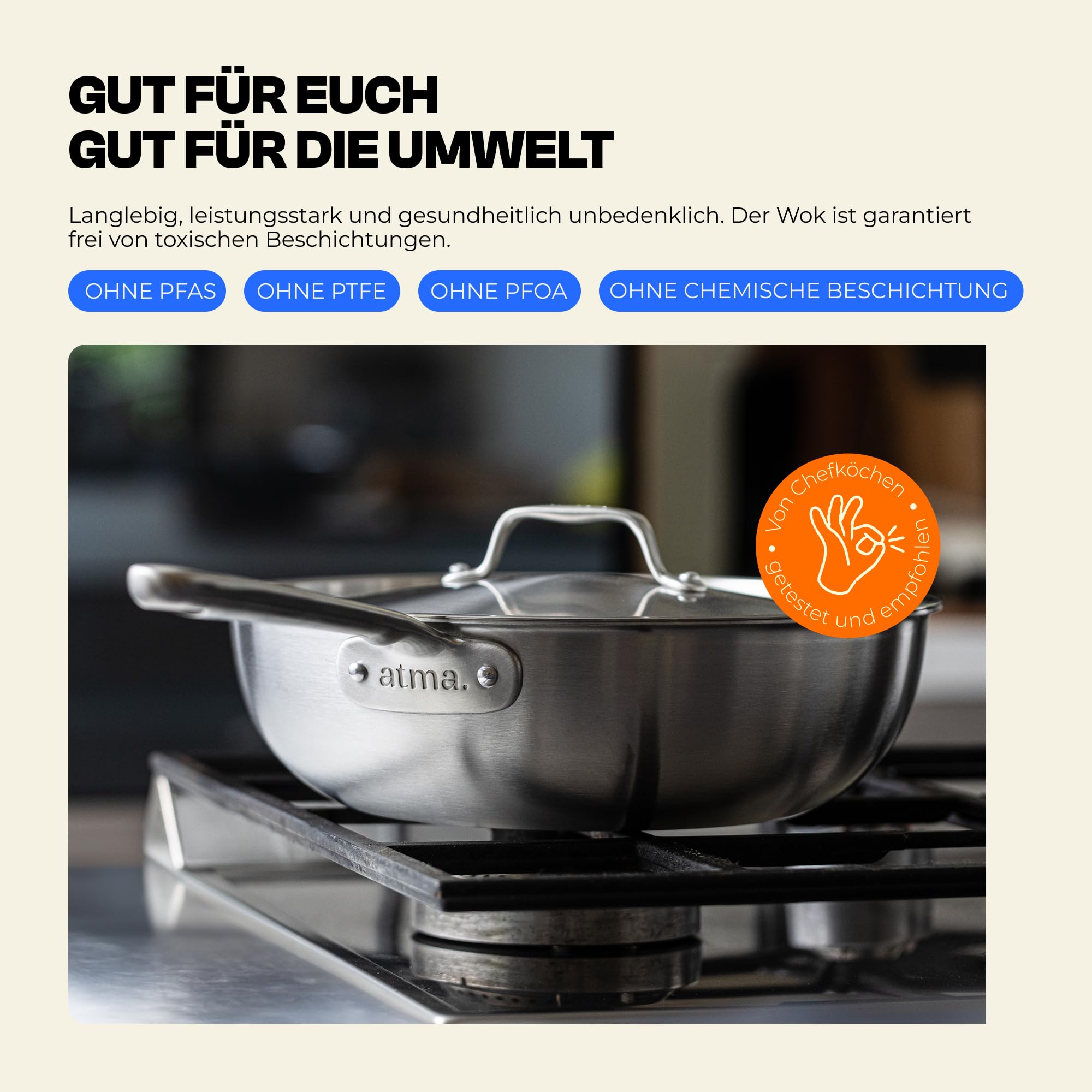 Atma - Wok Edelstahl 28 cm - 3-lagig - mit Deckel - PFAS- & PTFE-frei | Genieteter Griff - Edelstahl 18/10 Ohne Beschichtung & PTFE - Gesundes Garen - Alle Herdarten - Frankreich