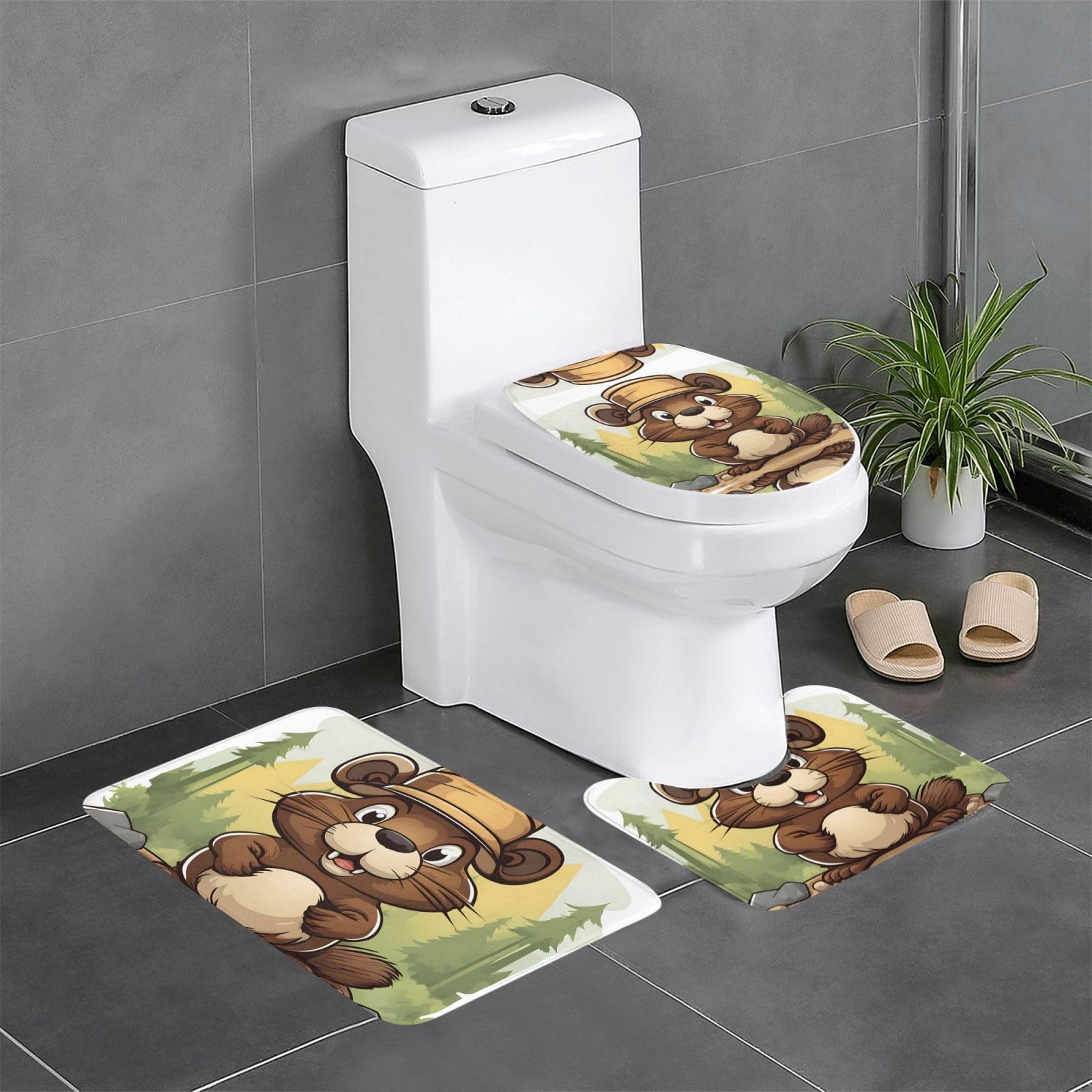 Tapis de salle de bain castor antidérapant lot de 3 pour toilettes et coiffeuse