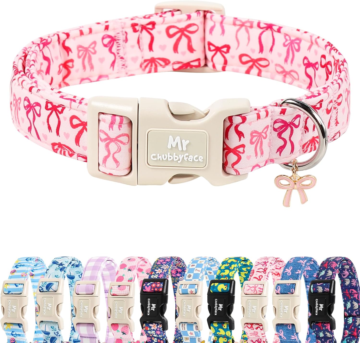 ·MR.CHUBBYFACE· Pink Flower Dog Collar, Pink Spring Summer Dog Collar with Plastic Buckle, Adjustable Durable Pink Girly Female Puppy Collar, Soft Fabric Collar for Small Dog Collar