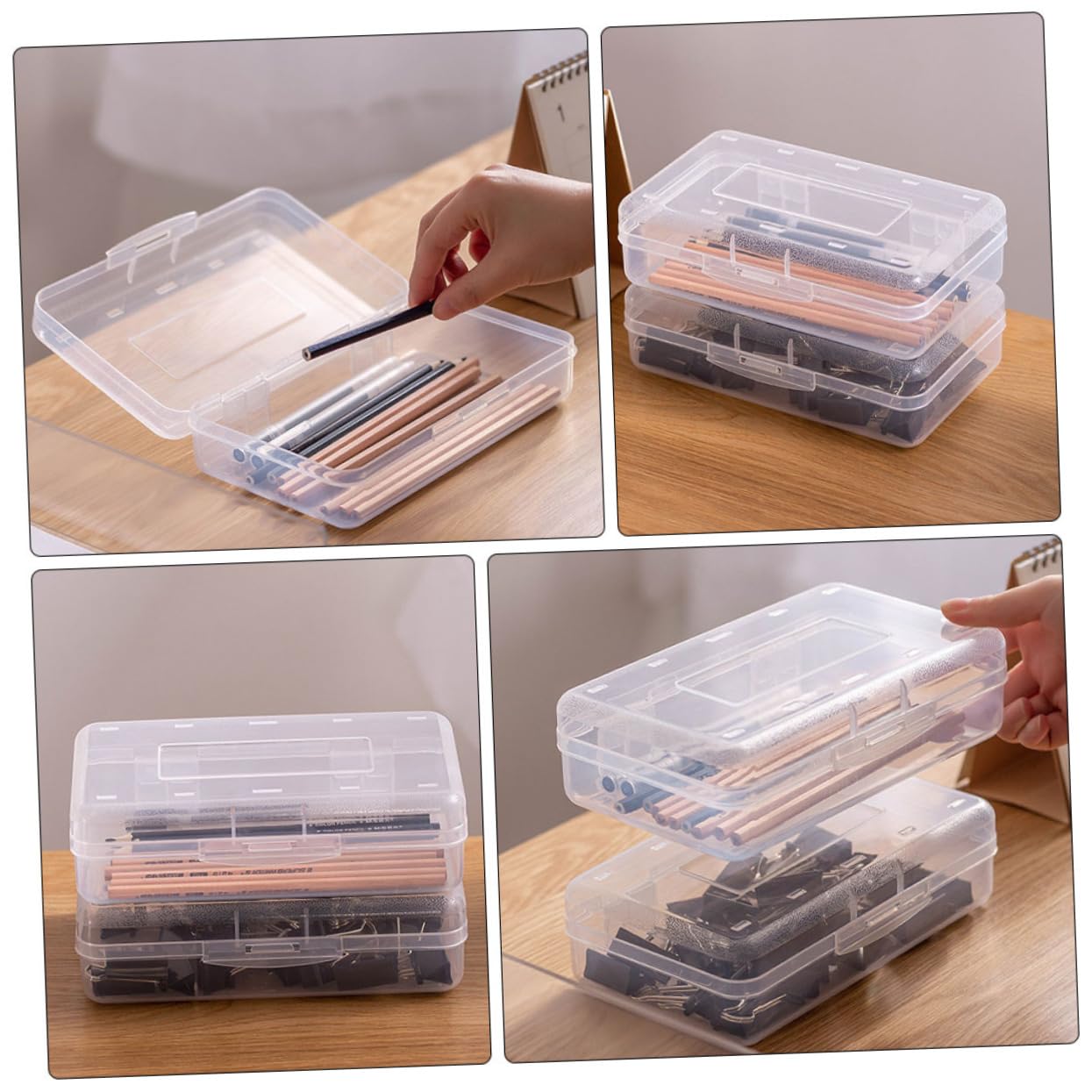 Set 6 Astucci Trasparenti in Plastica Impilabili Coperchio Rapido, Organizer per Cancelleria per Studenti e Insegnanti, Porta Penne e Matite per Scuola e Ufficio
