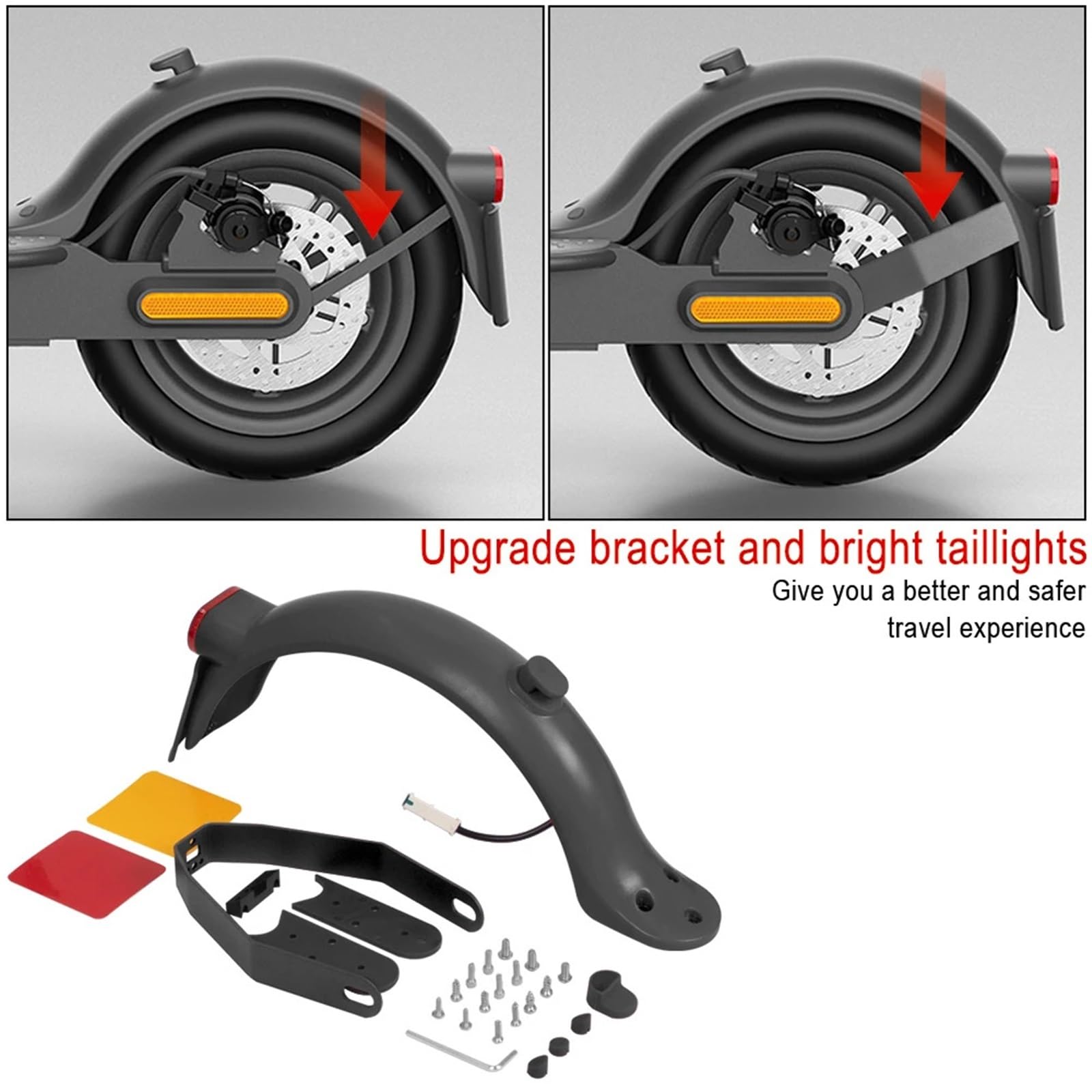 Guardabarros Patinete Guardabarros Trasero, luz Trasera de Freno, Guardabarros for Scooter eléctrico con Juego de Piezas de Almohadilla de Cubierta de Espacio, Soporte Reforzado(Red)
