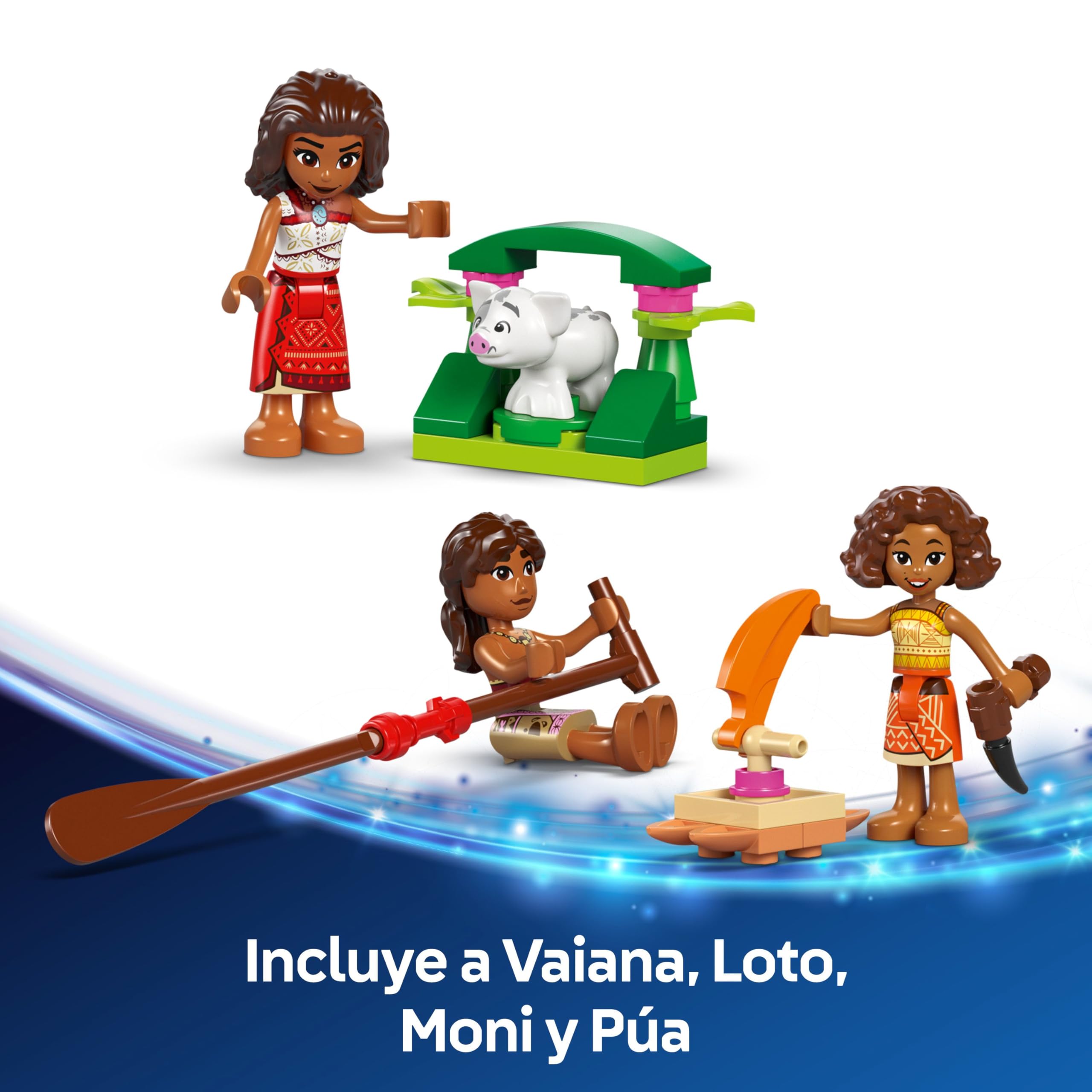 LEGO | Disney Vaiana 2 Canoa de Aventuras de Vaiana - Barco de Juguete con Vela Textil, Hoguera, 3 Mini Muñecos Inc. Loto y Moni y Cerdito Púa - Regalo Creativo para Niñas de 6+ Años y Fans 43270