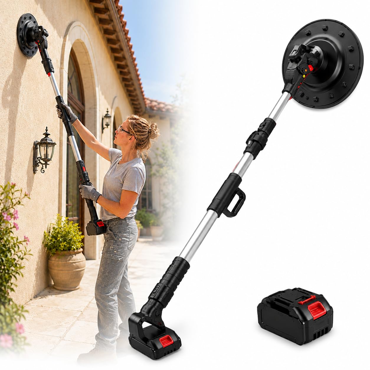 Fratasadora Eléctrica De 6 Velocidades, Máquina De Acabado De Hormigón/Cemento, Lijadora Inalámbrica 1680w Con Mango Telescópico Para Alisar Placas De Yeso, Pulir Mortero Y Renovar Singlebattery