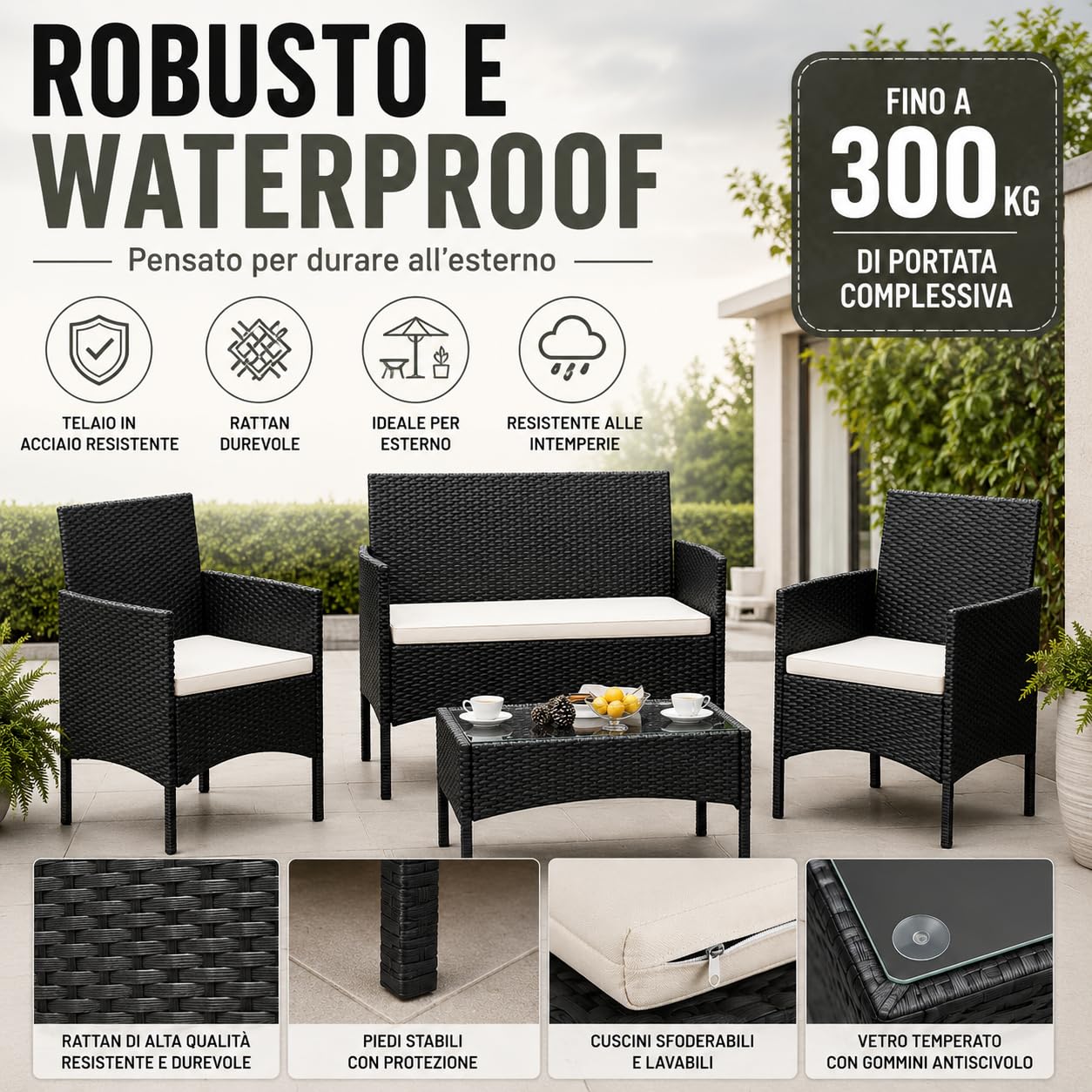 Salotto da Esterno in Rattan 4 Posti con Divano, 2 Poltrone e Tavolo in Vetro Temperato – Set Giardino Premium Waterproof con Cuscini Sfoderabili per Terrazzo e Patio - Salotto Relax Estivo (Rattan)