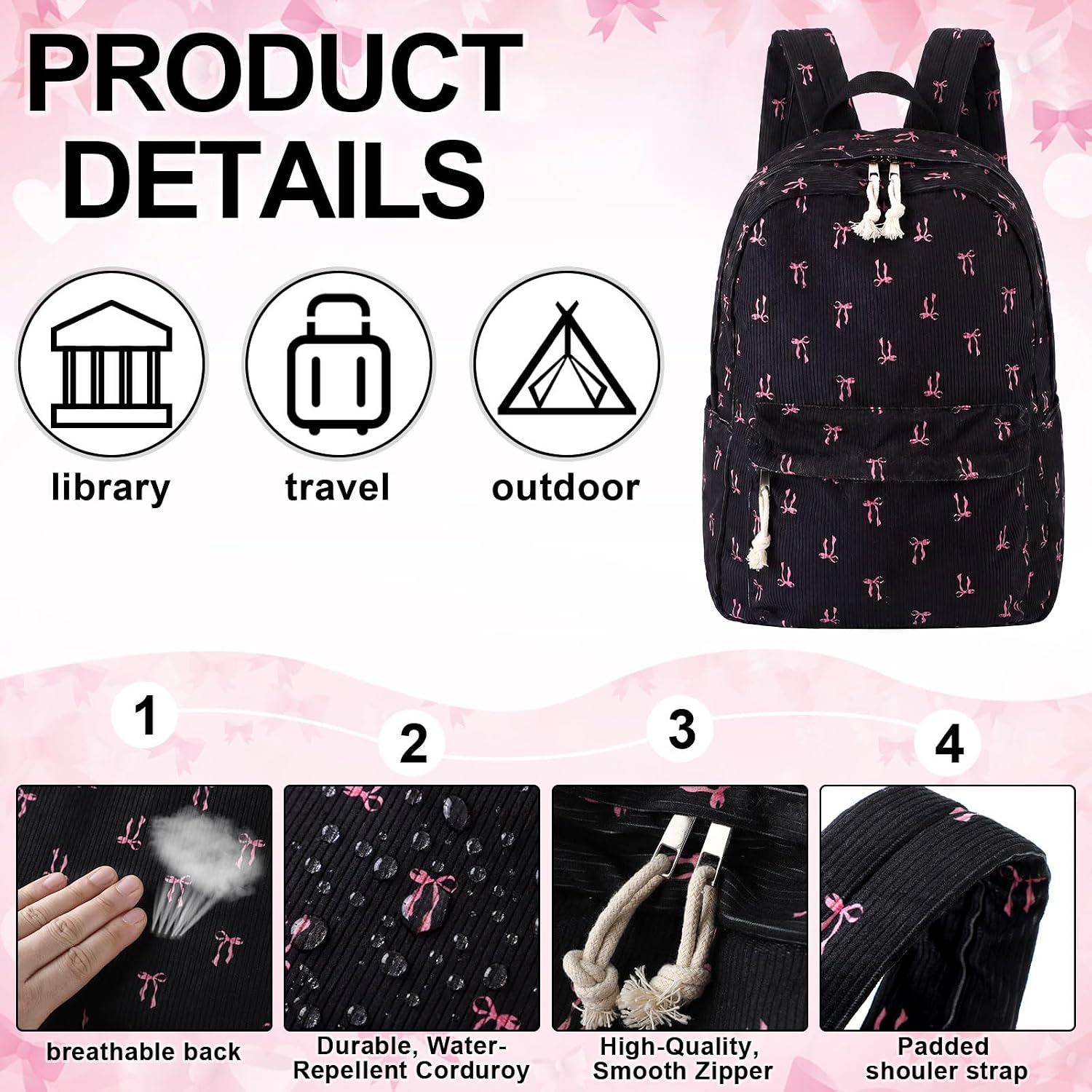 Dansydaisy Black Pink Bow Backpack Set Cute Corduroy Backpack with Lunch Box and Pouch for Women Laptop Bookbag Daypack image 3