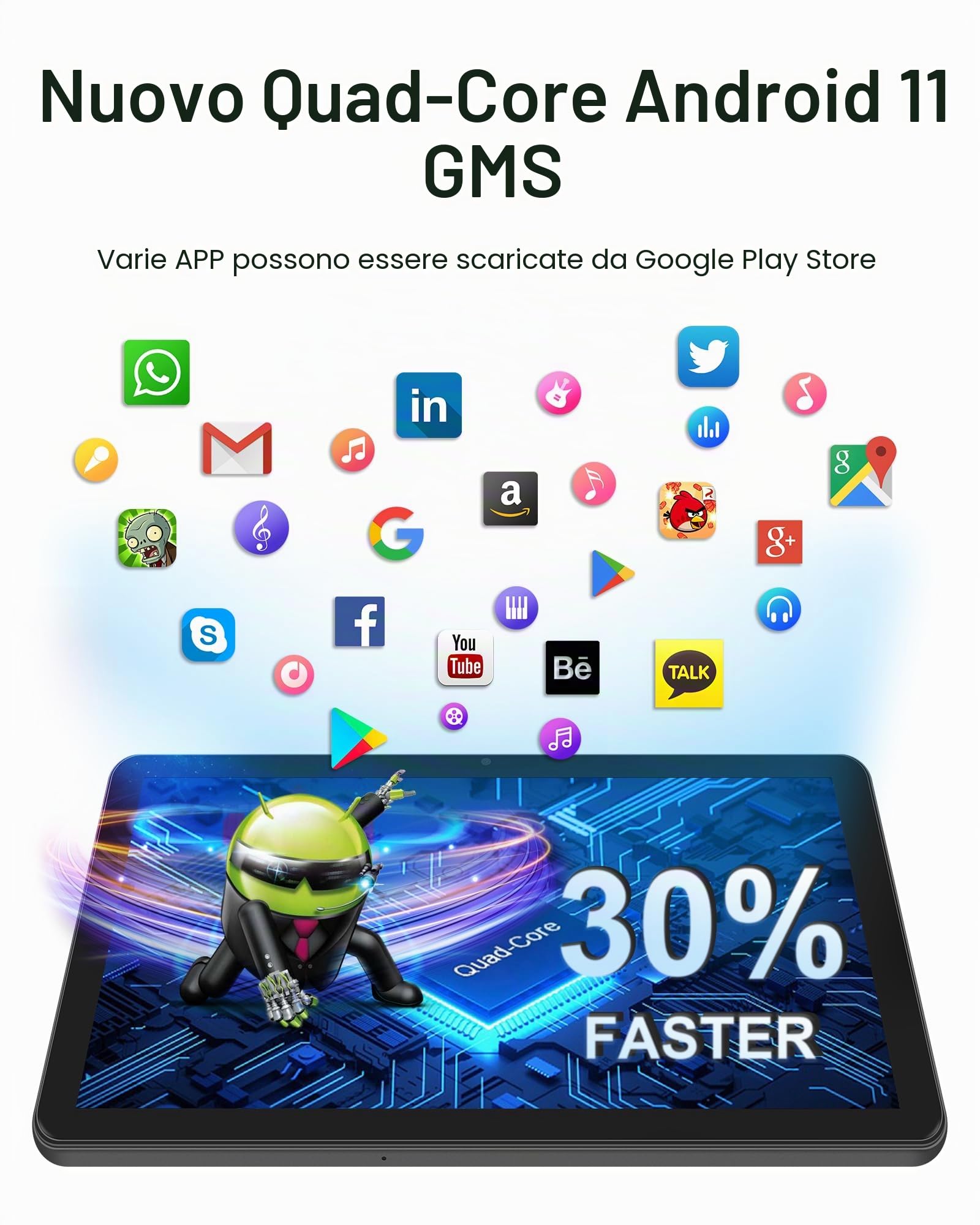 Tablet Android da 10 Pollici, Doppia Fotocamera, WiFi, Bluetooth, Grigio scuro