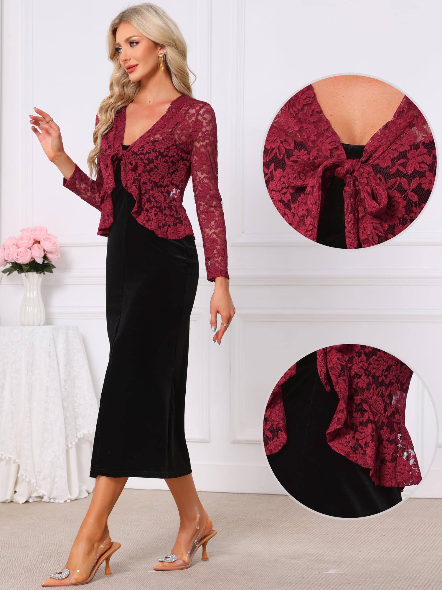 Allegra K Cardigan à Nouer sur Le Devant pour Femmes avec Ourlet à Volants en Dentelle Florale