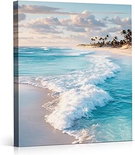 Arte de pared con olas del océano costero, pintura de playa, obra de arte de arte de océano azul, decoración de pared estética para el hogar, playa, habitación, dormitorio, 8 x 10 pulgadas, lienzo