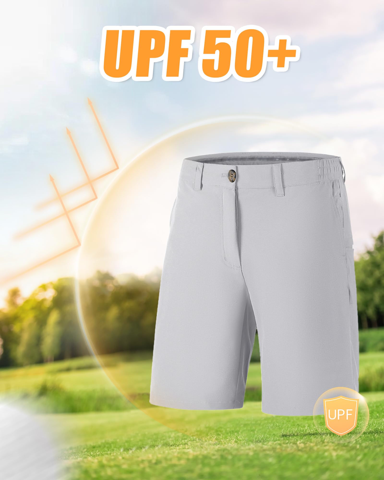 Outdoor Ventures Pantaloncini da golf da uomo, UPF 50+, elasticizzati, leggeri, ad asciugatura rapida, da 9 pollici, con 3 supporti per tè e tasche per il golf