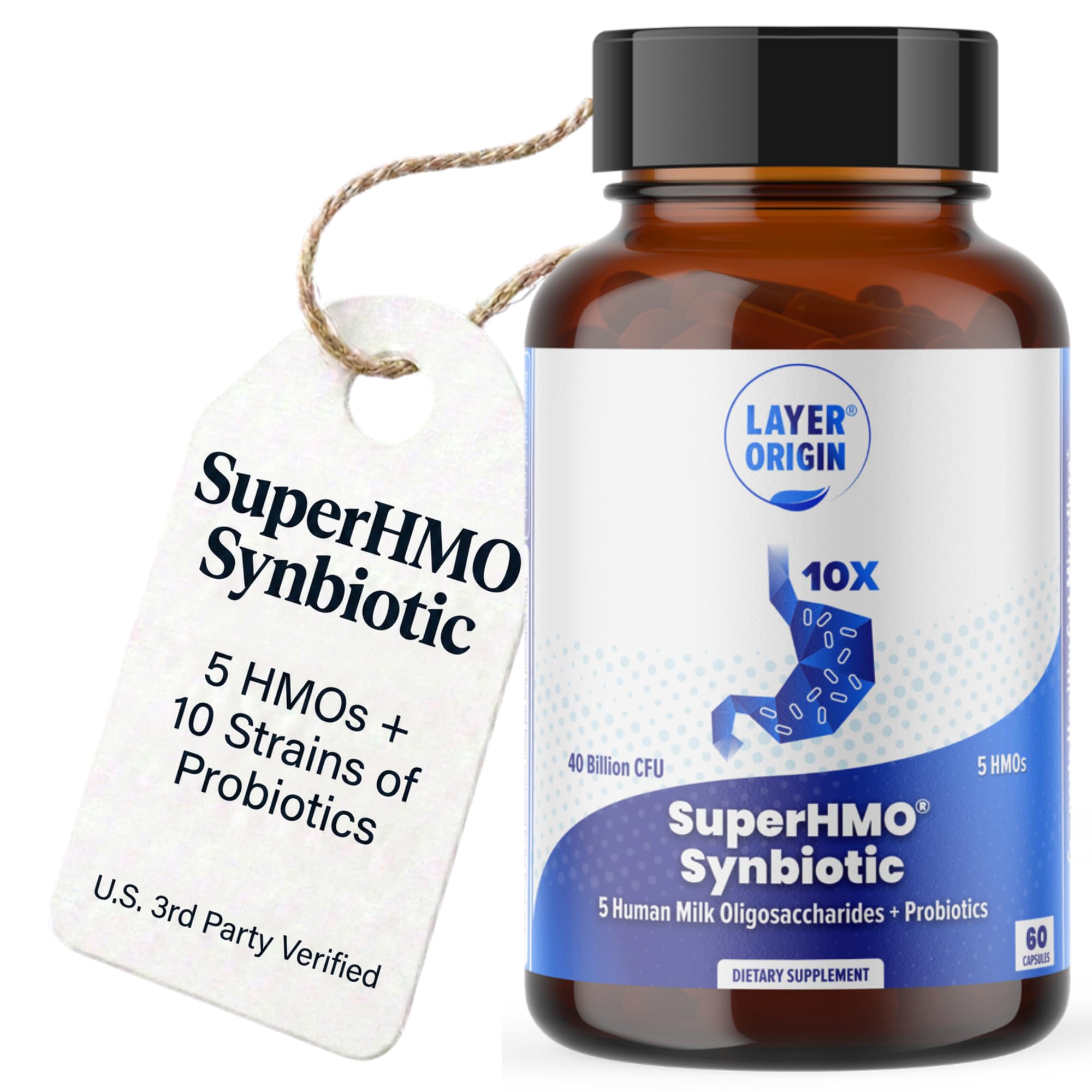 SuperHMO: Synbiotic Capsules with 5 HMO Prebiotics & 40 Billion CFU Probiotics - Bifidobacteria & Lactobacillus, 60 Count