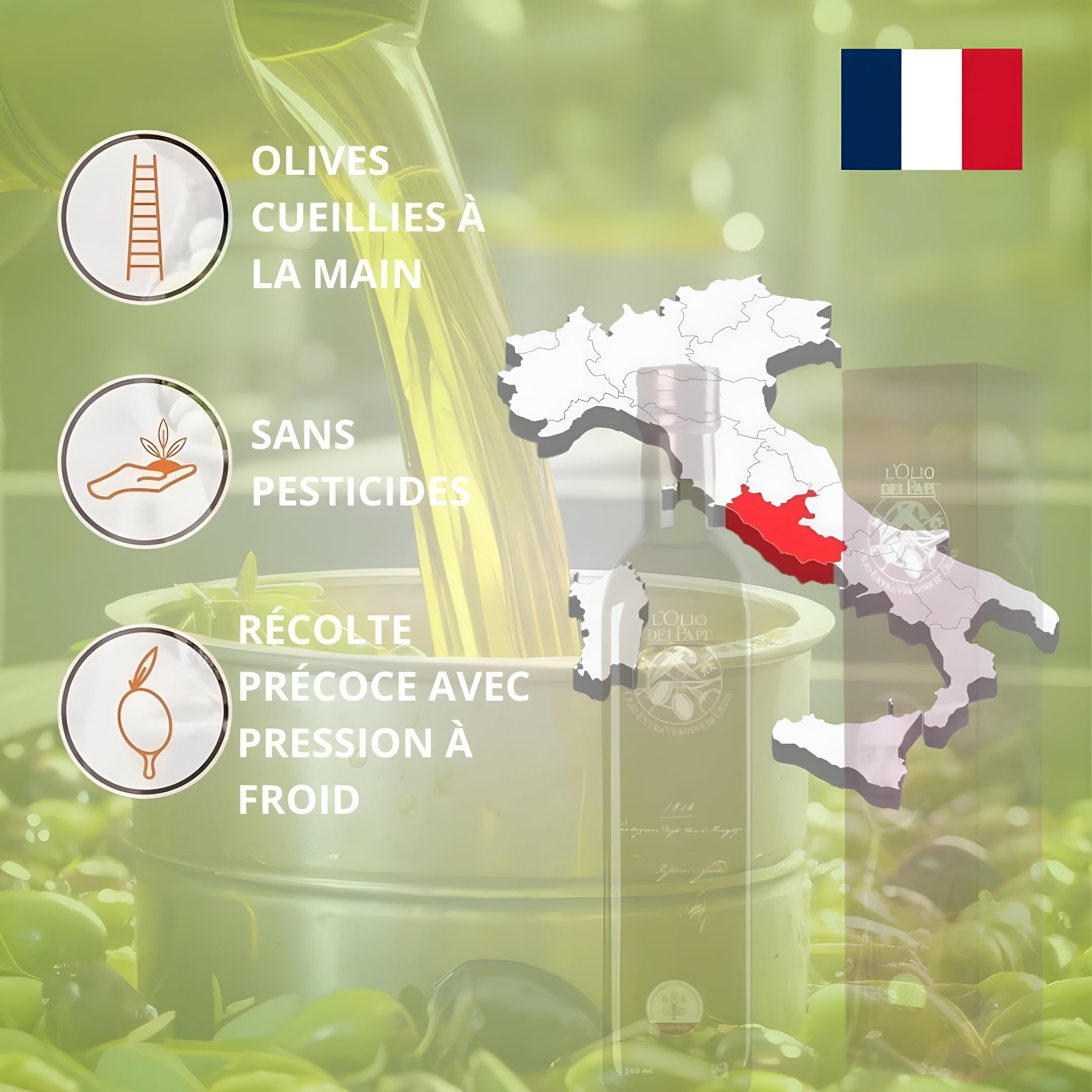 L'Olio dei Papi 100% Huile d'Olive Extra Vierge Italienne extraite à froid des oliveraies centenaires des anciennes terres des Papes 0,5 LT (étui)
