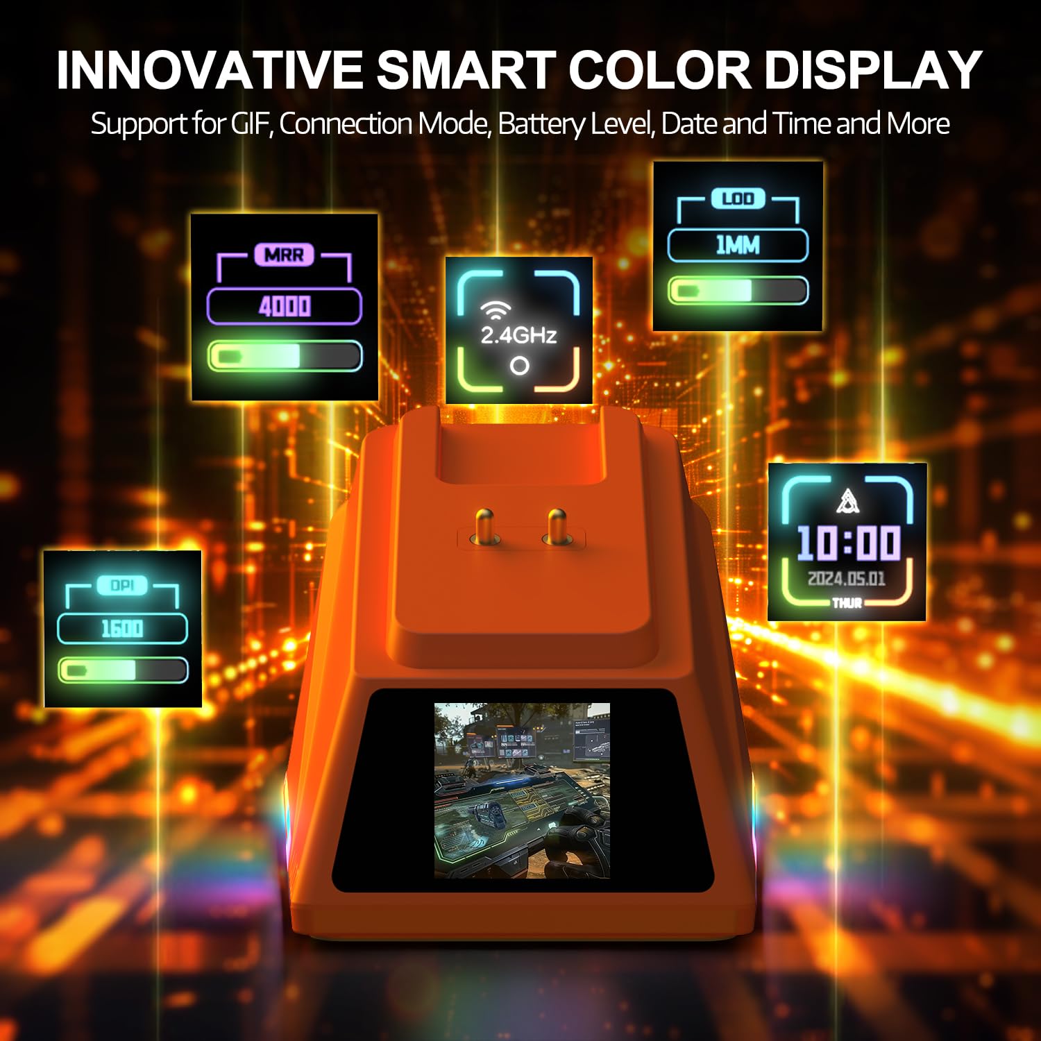 AJAZZ AJ159 APEX Ratón Inalámbrico para Juegos 8K, Base de Carga Magnética con Screen, Sensor Pixart PAW3950,Hasta 42K DPI,56g Ultralight,Interruptor HUANO de 100M Clics,Tri-Modo,para PC/MAC(Naranja)
