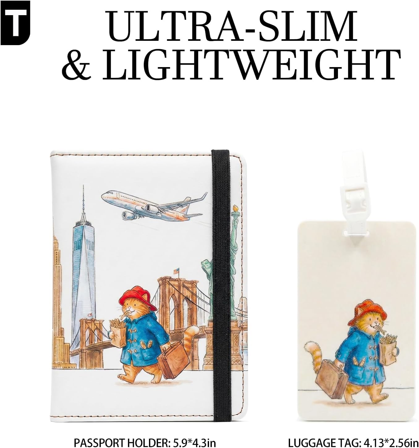 2Pack Cartoon Passport Holder and Luggage Tag Set PU Leather Passport Cover Wallet with Cute Cat Luggage Tag for Travel Suitcase Women and Men