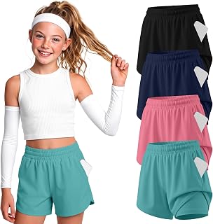 4 Pack Girls Athletic Shorts Quick Dry Active Shorts Teen Kids Soccer Running Sports Summer Bottoms with Pockets