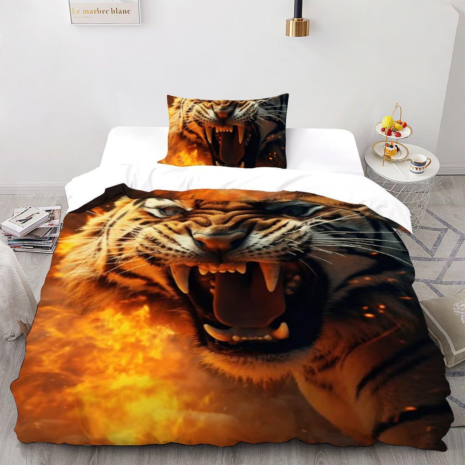 Housse de couette imprimé 3D lion de feu en microfibre pour lit 1 personne