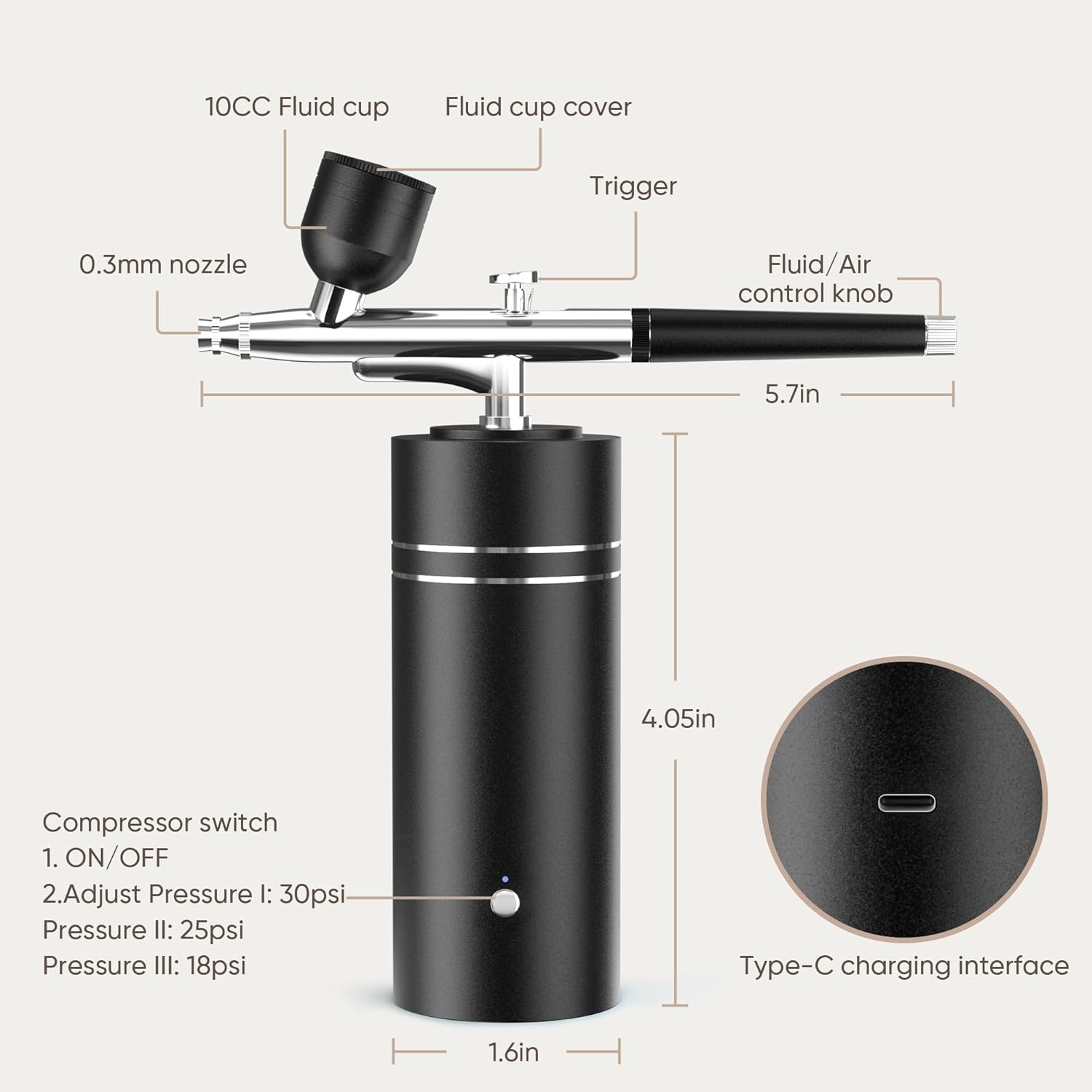 Airbrush Kit with Compressor 30PSI Portable Airbrush Gun Rechargeable Handheld Cordless Air Brush for Nails Art, Painting, Cake Decor, Cookie, Mode, Makeup, Barber (Black)