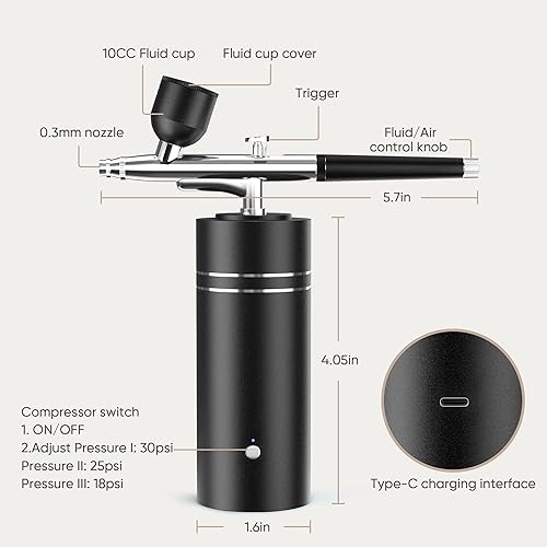 Miniatura 2 de Kit de aerógrafo con compresor 30PSI pistola de aerógrafo portátil recargable de mano inalámbrico cepillo de aire para uñas, arte, pintura, Negro