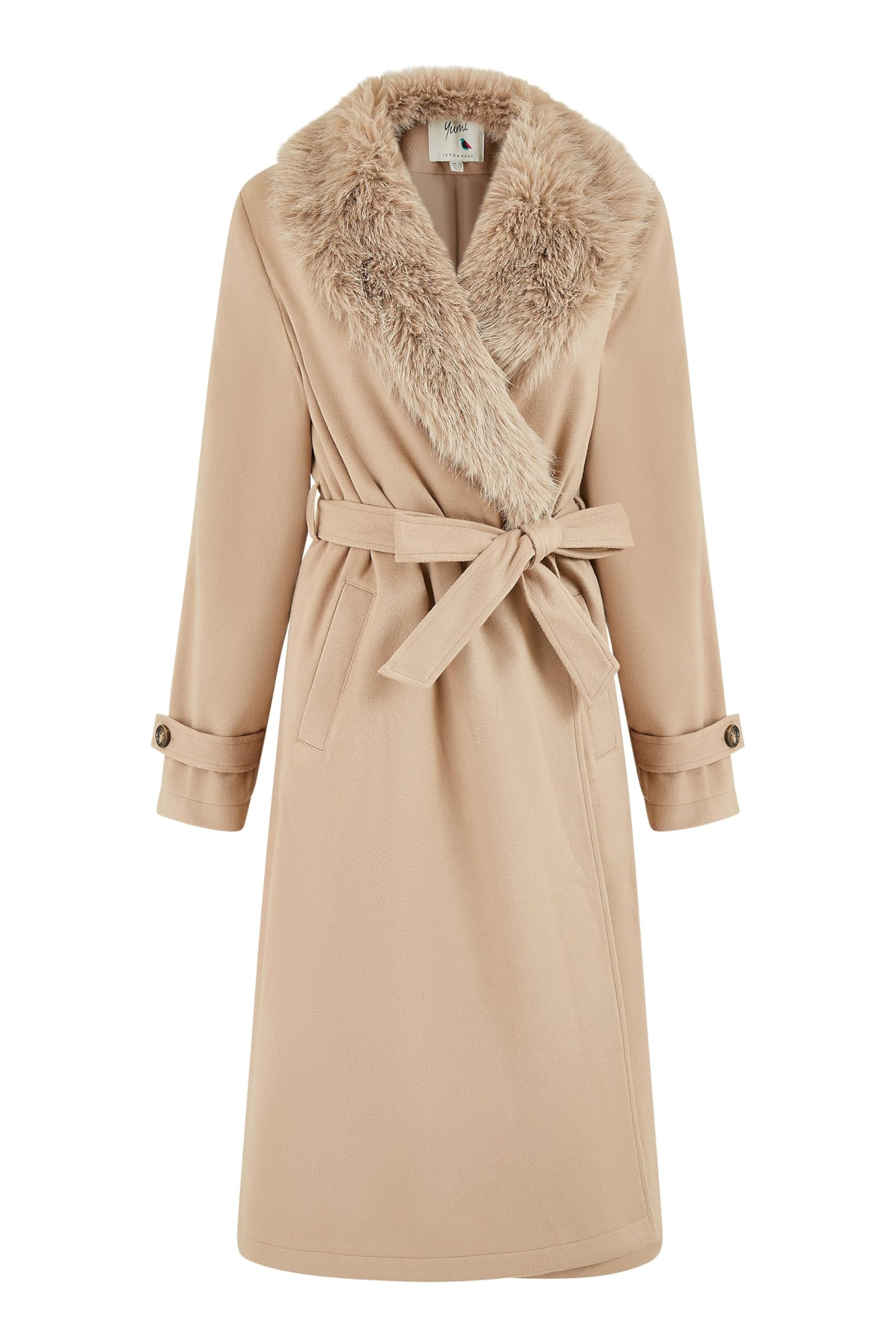 Yumi Beige Wrap Around Coat With Faux Fur Collar 16 Cream