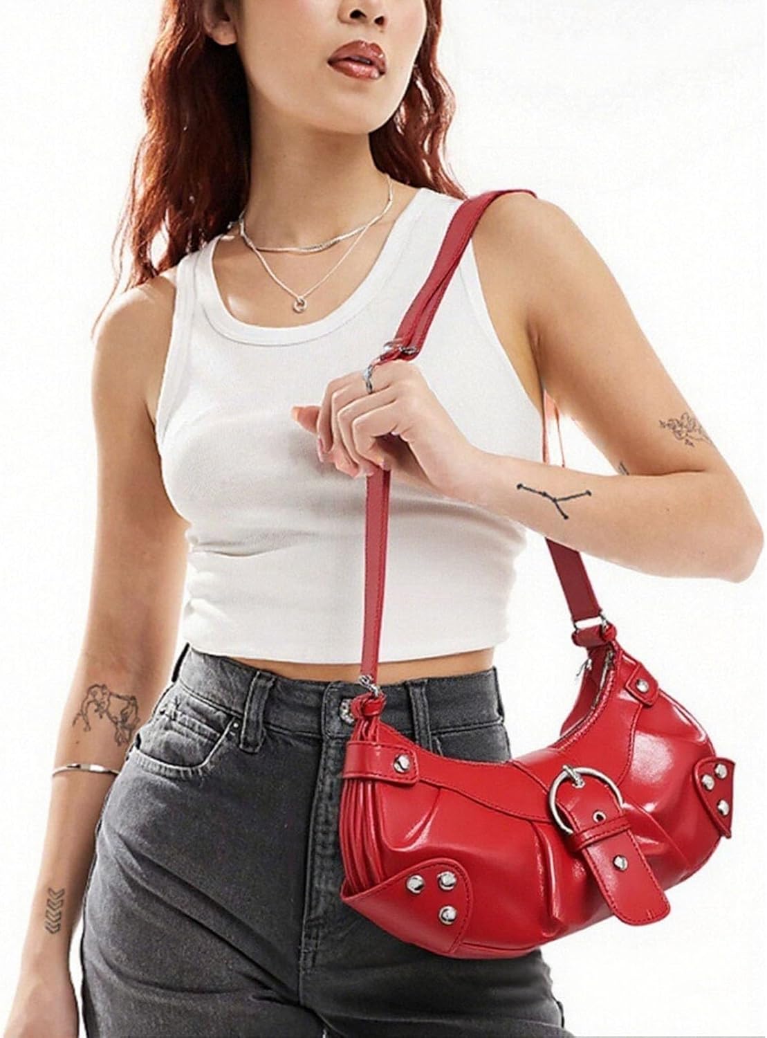 Vintage Y2K Shoulder Bag for Women,Small Belt Buckle Satchel Purse Leather Handbag Clutch Purse, Underarm Tote Handbag for Daily Use - Wine Red