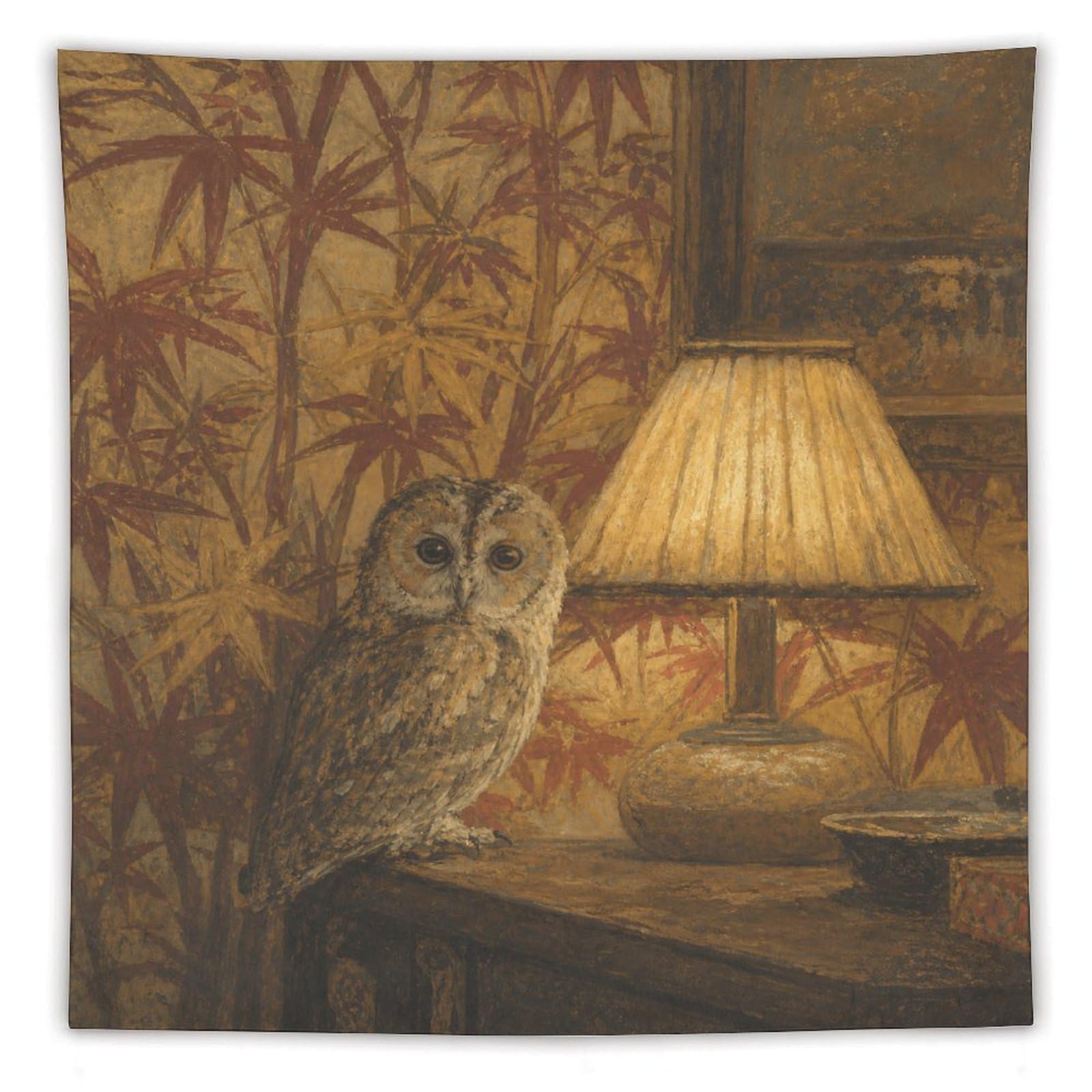 H3B8U2Y5 Owl by Lampshade Wall Tapestry, Realistic Illustration, Apartment