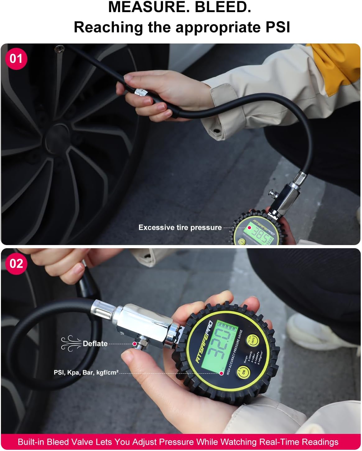 ATsafepro Digital Tire Pressure Gauge - Backlit Display, 200 PSI Accurate Tire Gauge - Hold Function, Long Hose, Dual Head Air Chuck, 4 Units, Bleed Valve, AAA Battery, for Car Truck RV