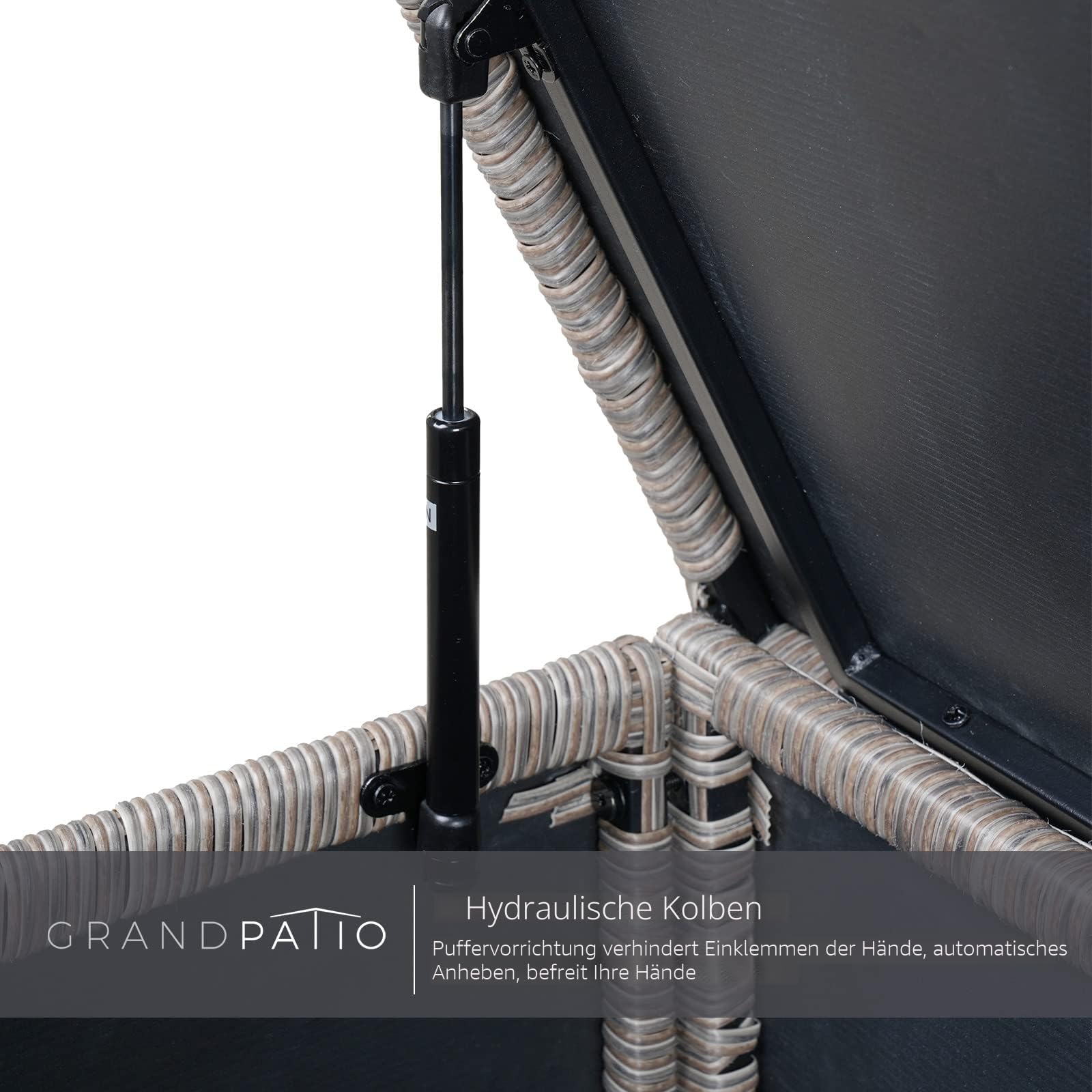 Grand patio Rattan Auflagenbox 480 Liter Gartenbox mit Deckel und Gasdruckfedern, UV-beständig Aufbewahrungskiste mit Zwei Radern, Leicht Bewegen, Kissenbox für Garten, Balkon