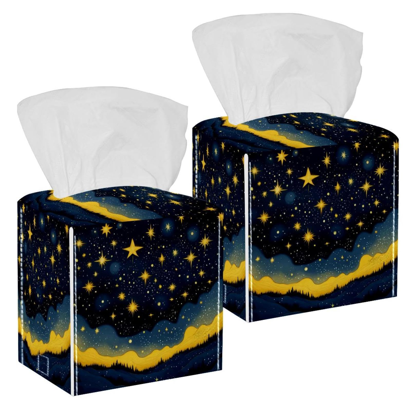 Yellow Starry Sky Tissue Box Cover, 2 Pack PU Leather Square Facial Tissue Dispenser Box holder for Home Office Car