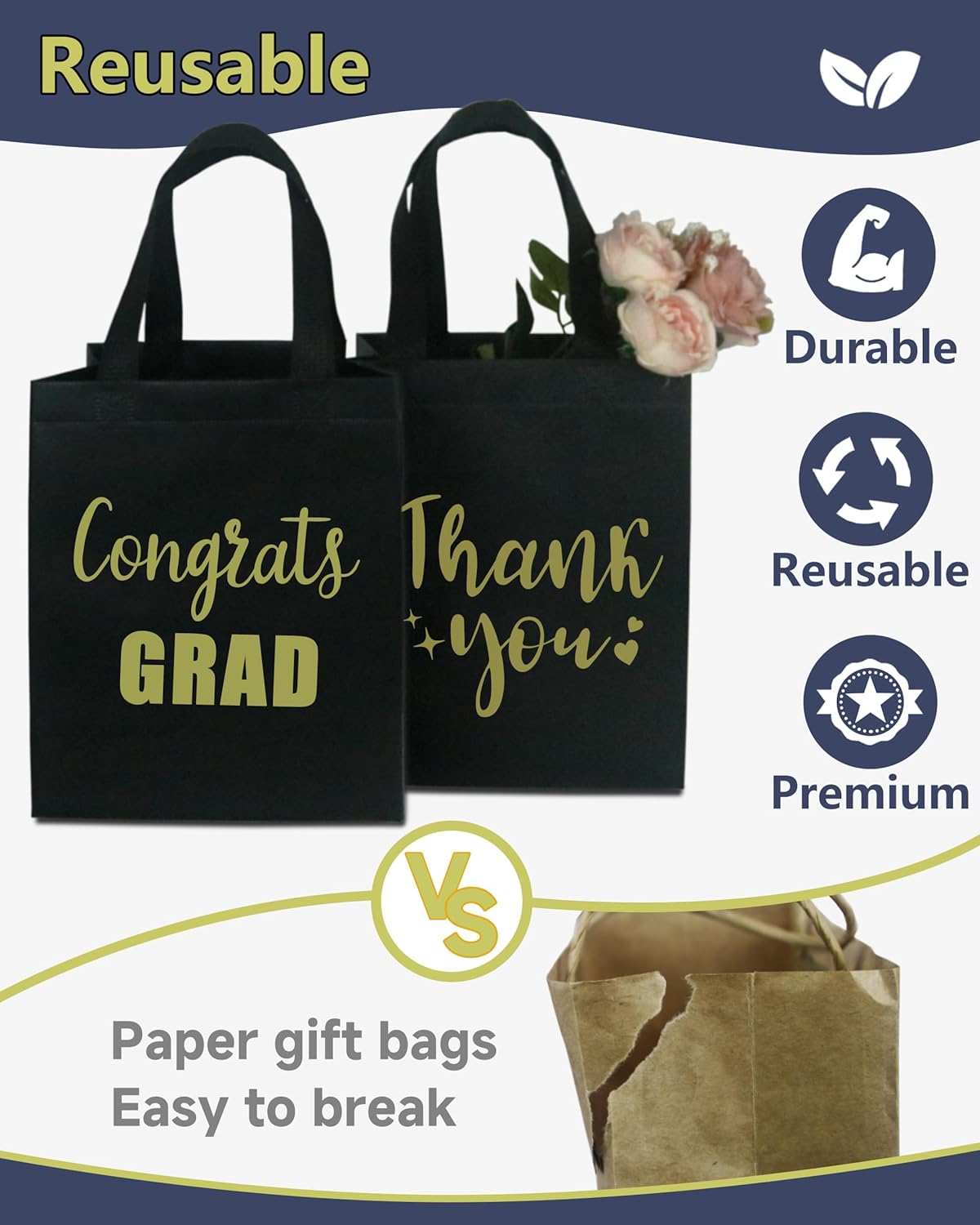 12 Black Gift Bags - Sturdy, Reusable, Medium 8x5x10 with Handles, Non-Woven for Weddings, Father's Day, Parties, Birthdays & Graduations - Image 4