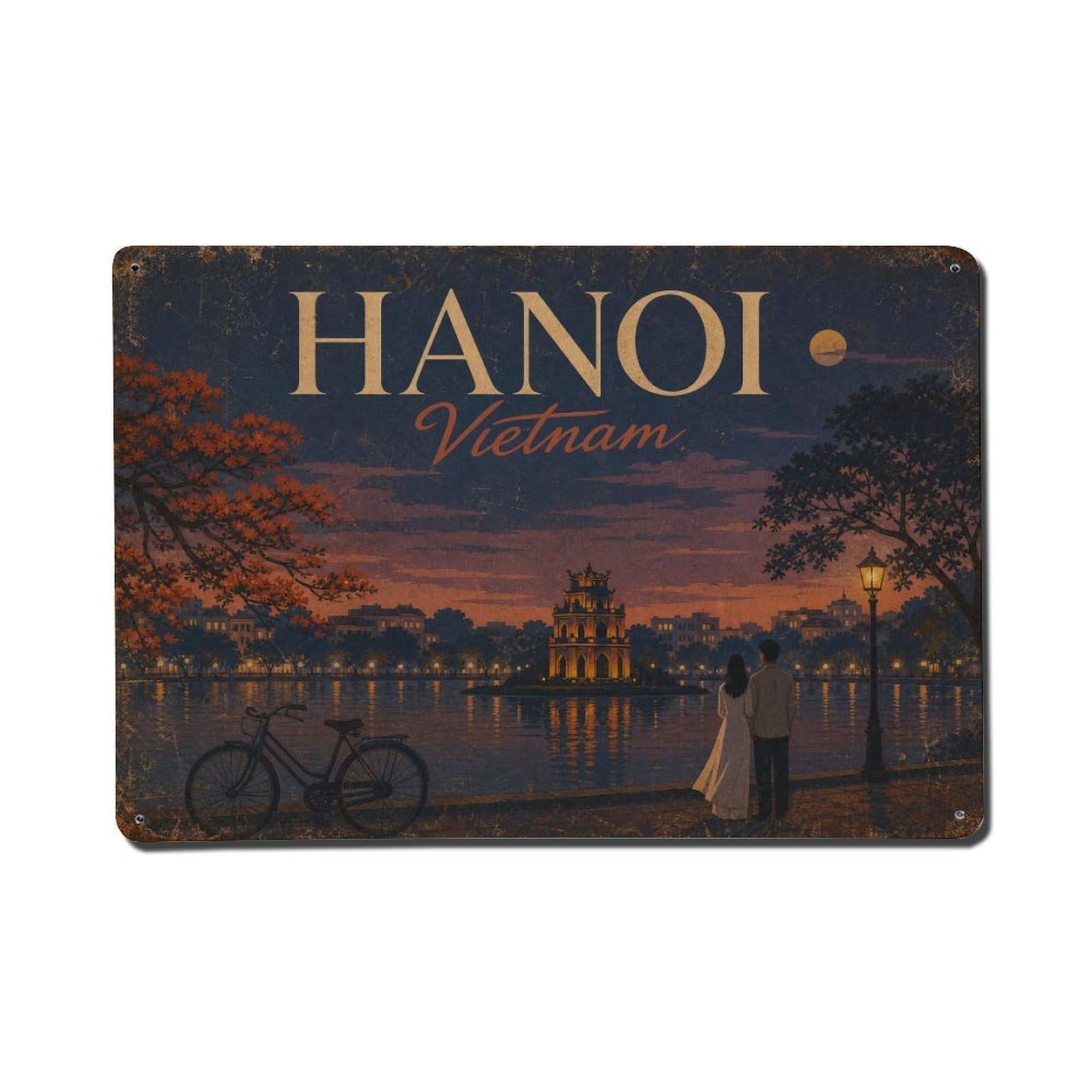 Hanoi Vietnam Night Lake Cityscape Heritage Travel Metal Tin Sign