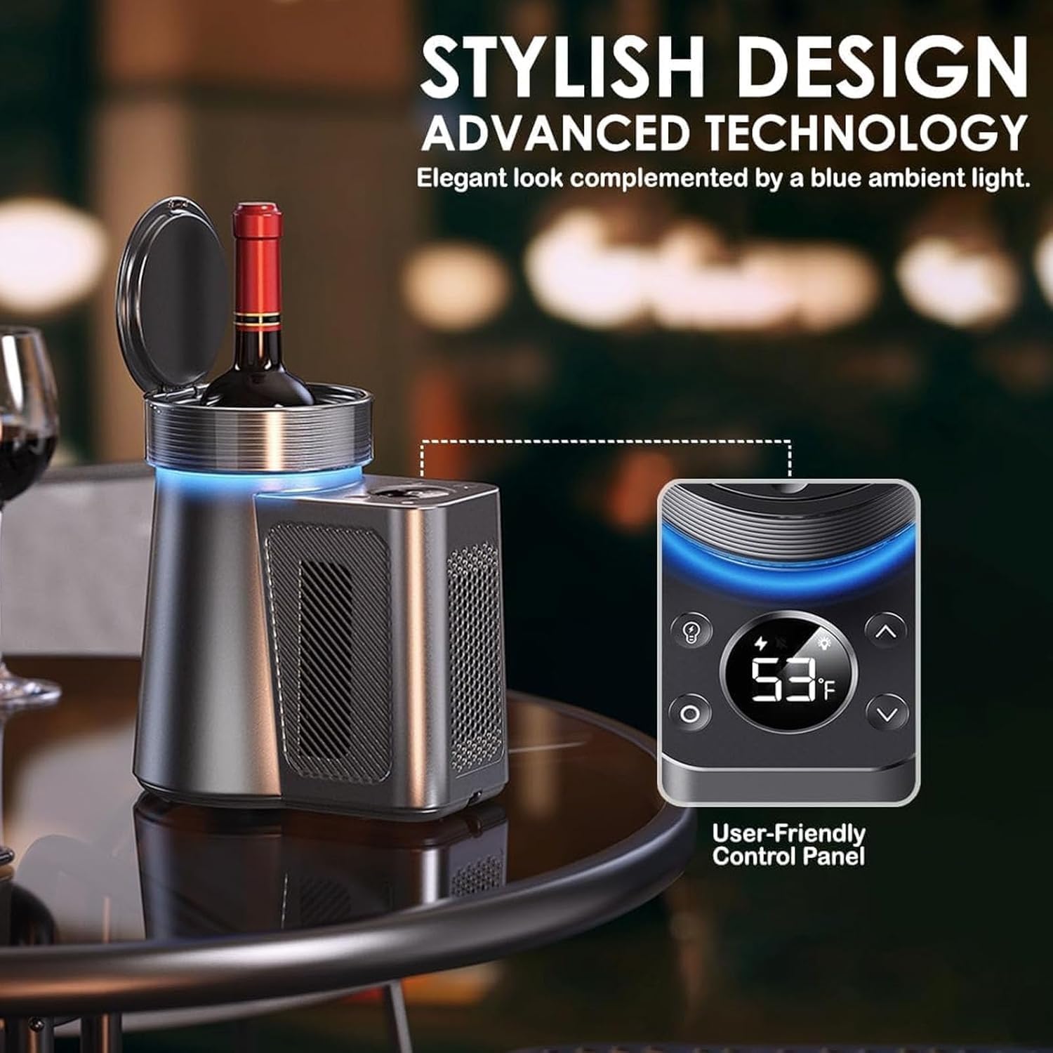 Enfriador de vino eléctrico para botellas individuales, enfriador de bebidas portátil de acero inoxidable, control LCD de 2 a 20 °C, ideal para fiestas, hogar, viajes, coche, capacidad de 750 ml