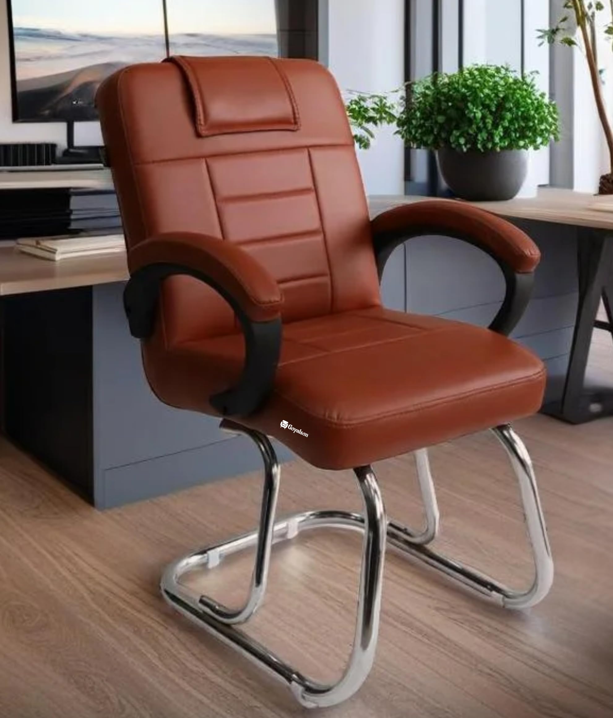 Office Visitor Study Home Chair with arm Rest, and Cushion seat Back Without Wheel Chair (1, Brown, Double Pipe Frame)-image-42